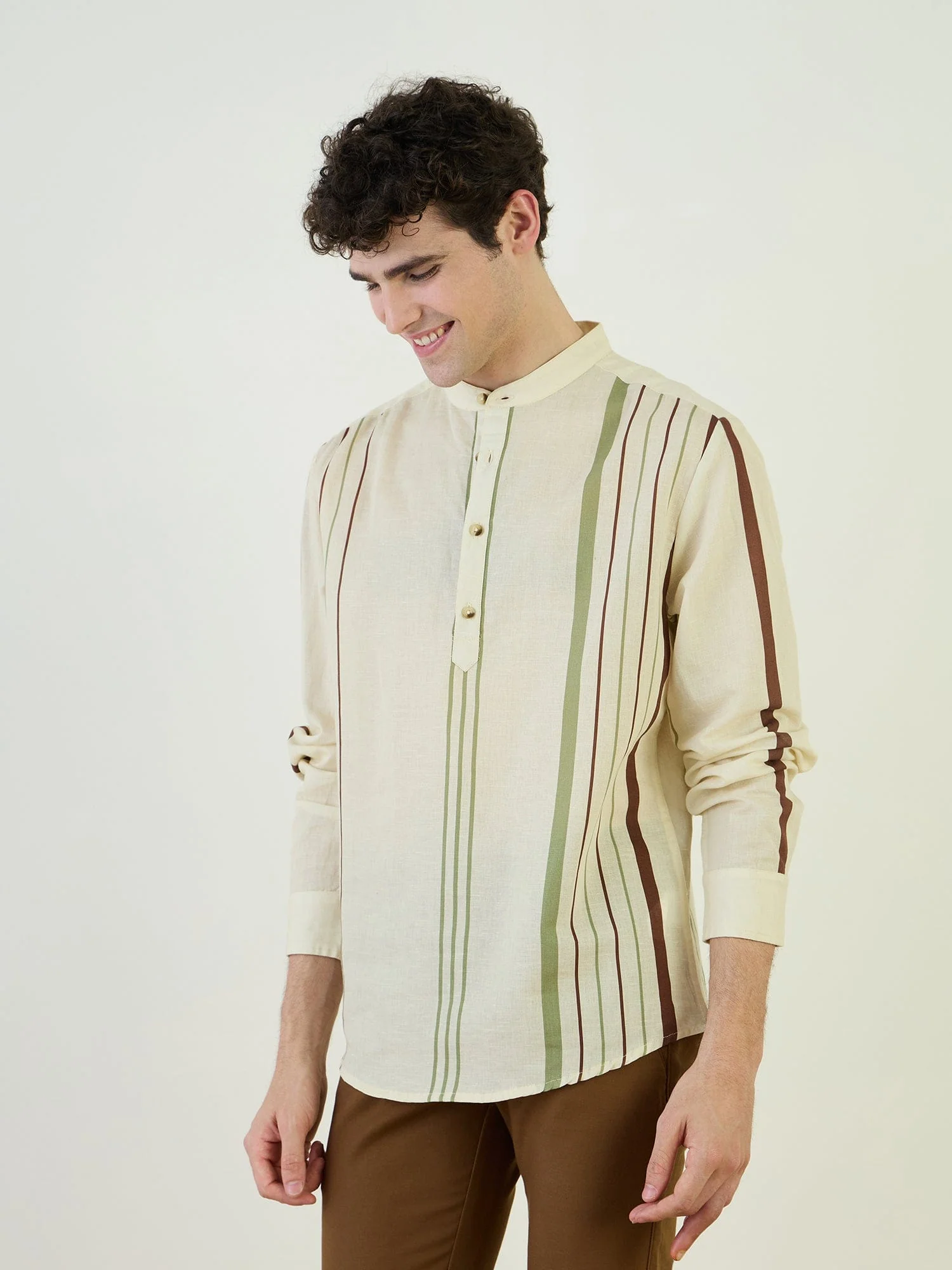 Iconic Men Beige Striped Band Collar Shirt - Image 3