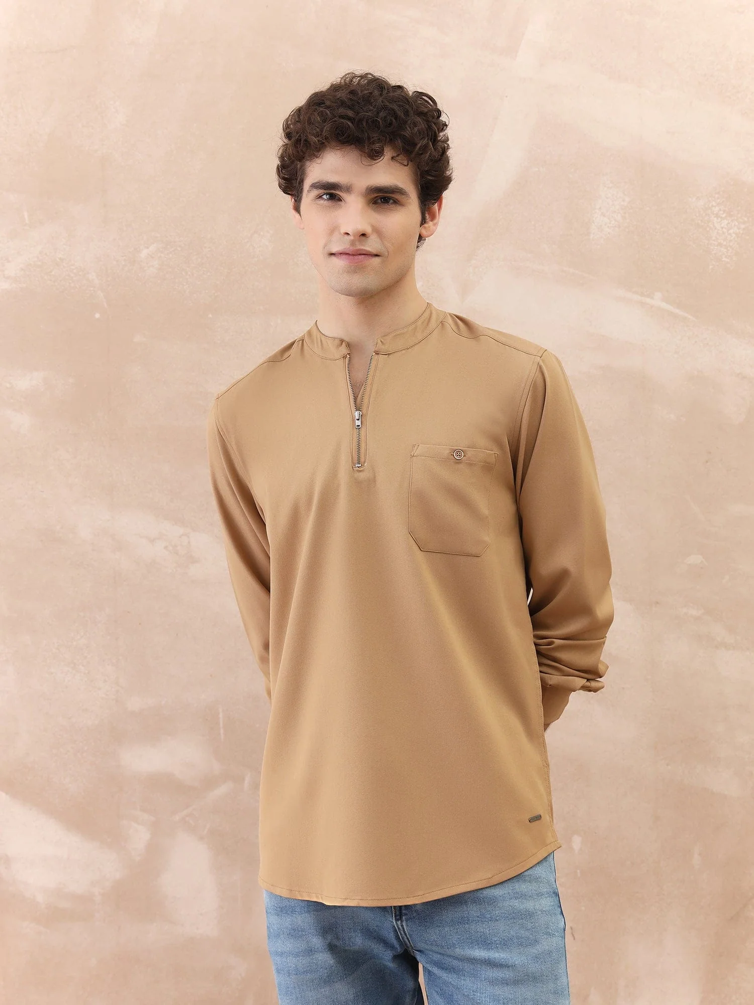 Iconic Men Brown Solid Band Collar Shirt - Image 2