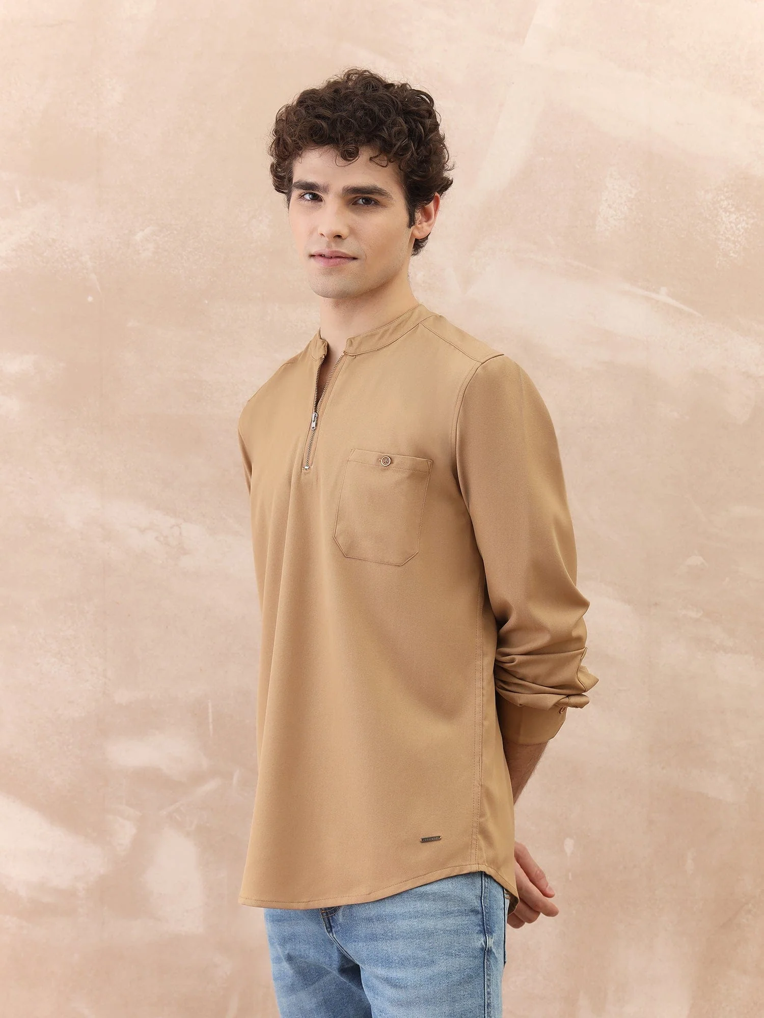 Iconic Men Brown Solid Band Collar Shirt - Image 3