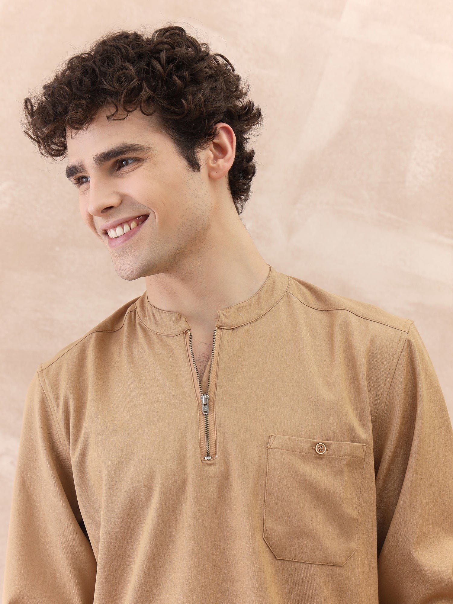 Iconic Men Brown Solid Band Collar Shirt - Image 4