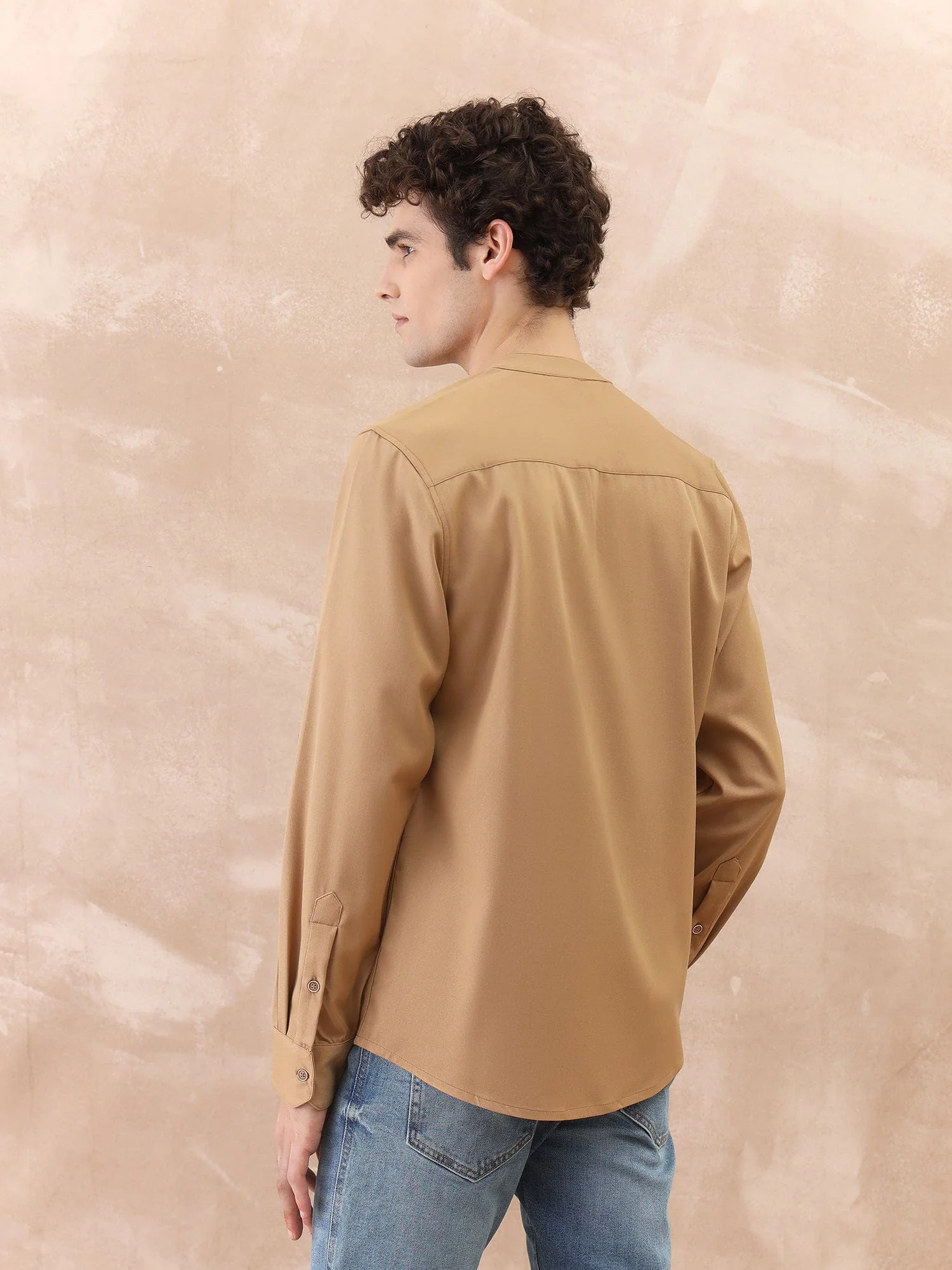 Iconic Men Brown Solid Band Collar Shirt - Image 5