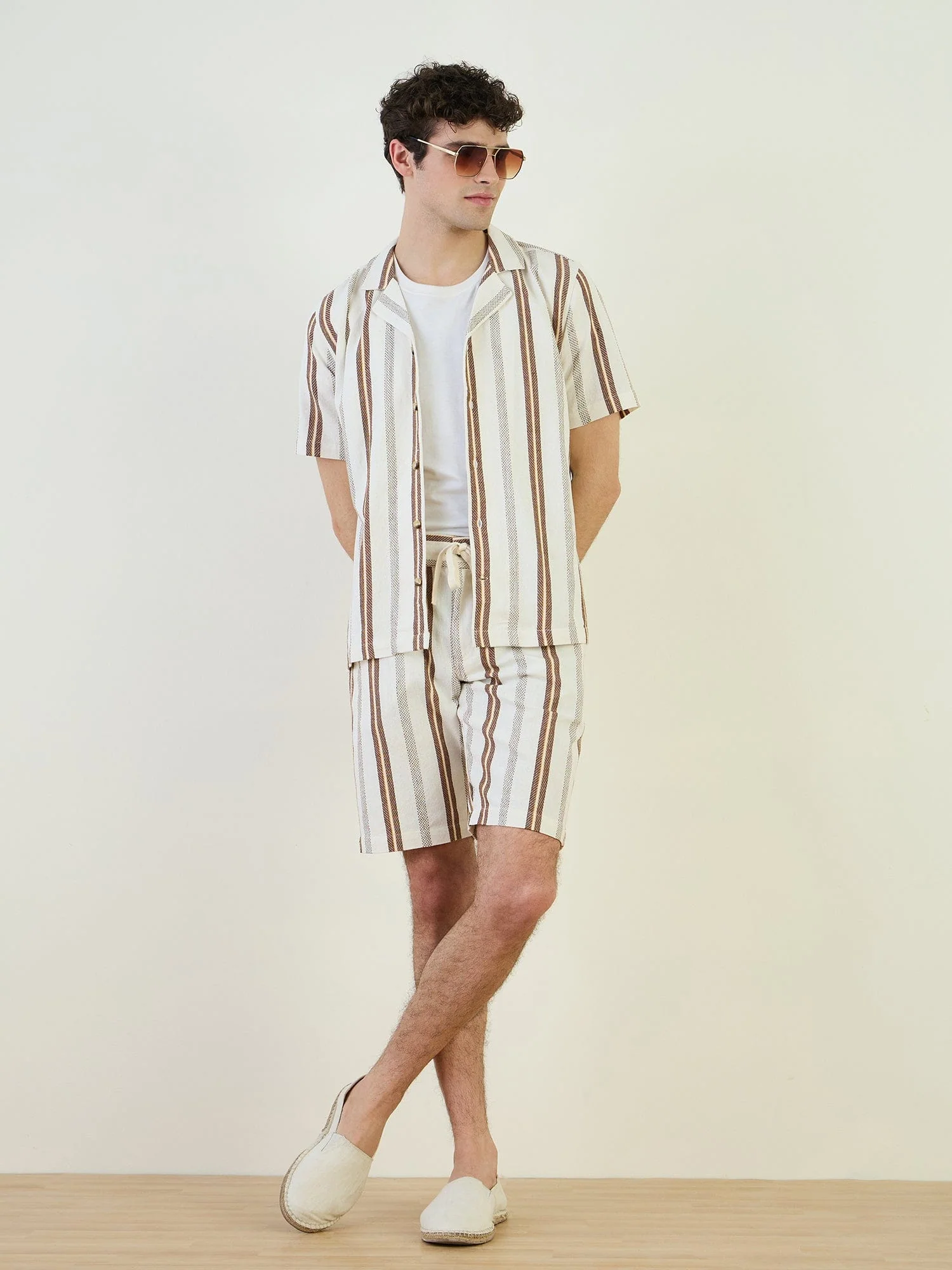 Iconic Men Beige Striped Resort Collar Shirt - Image 2