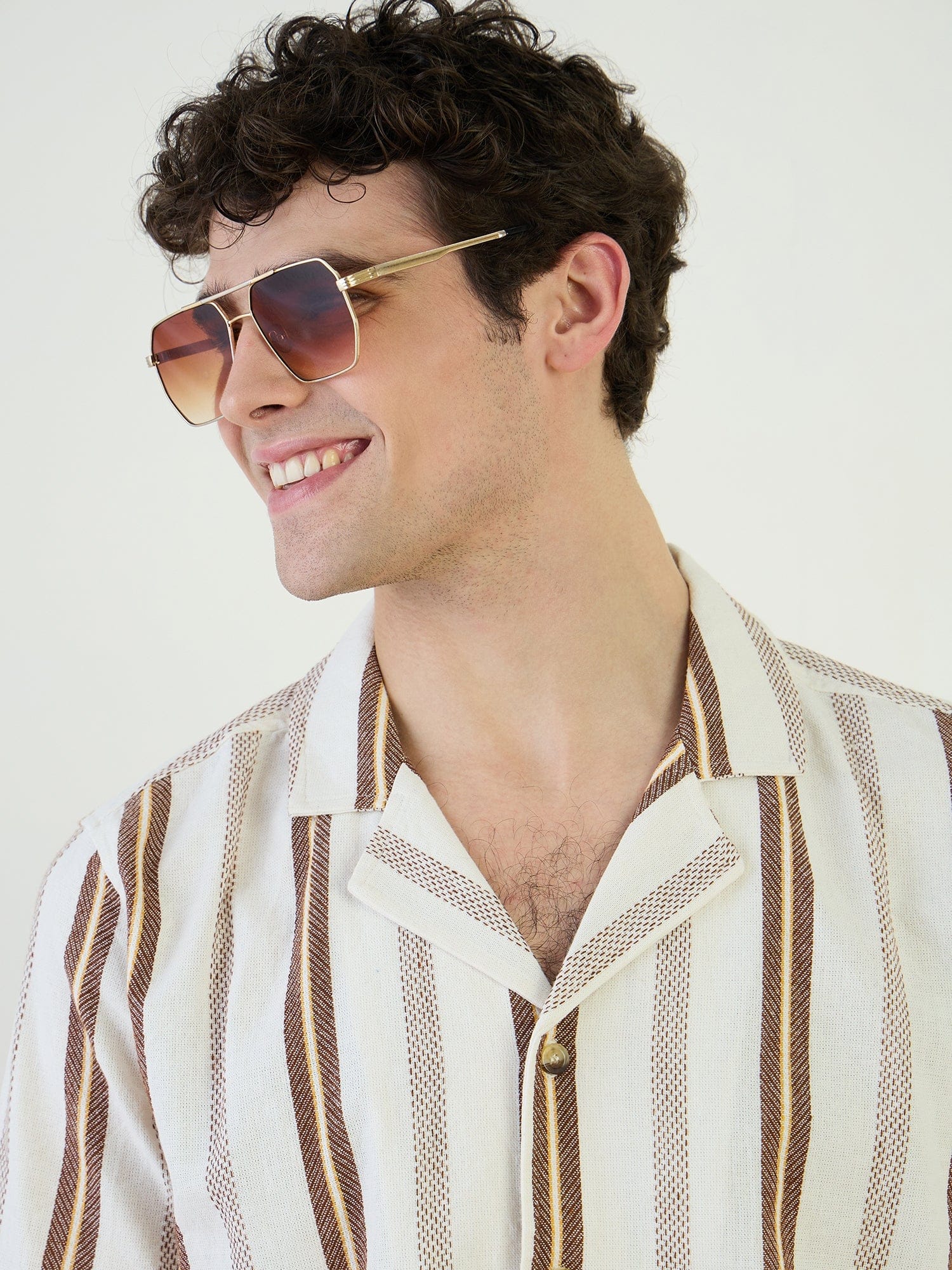 Iconic Men Beige Striped Resort Collar Shirt - Image 6