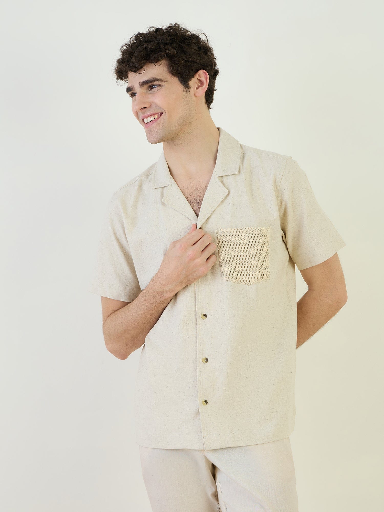 Iconic Men Beige Solid Resort Collar Shirt