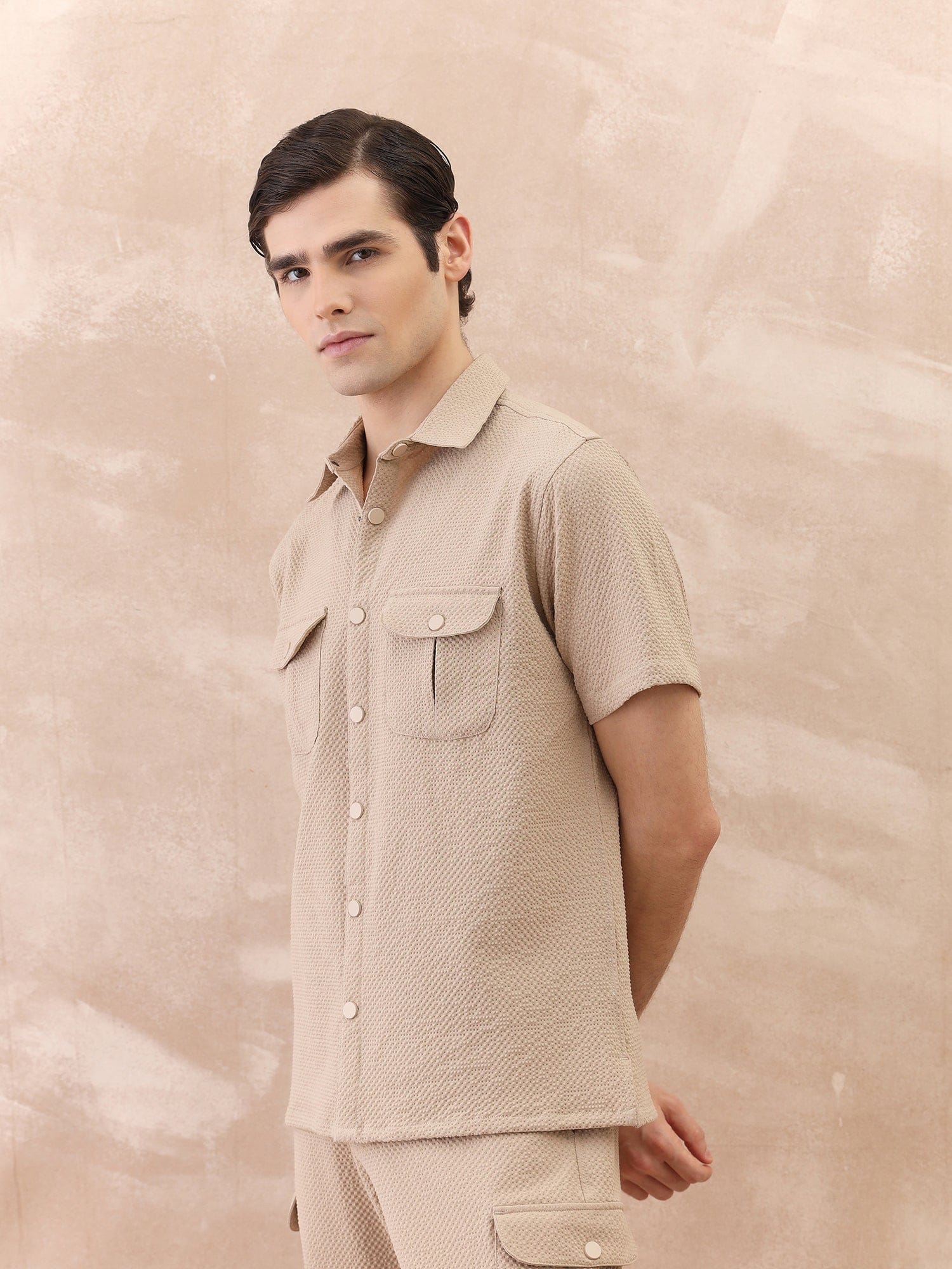 Iconic Men Beige Textured Collar Shirt - Image 3