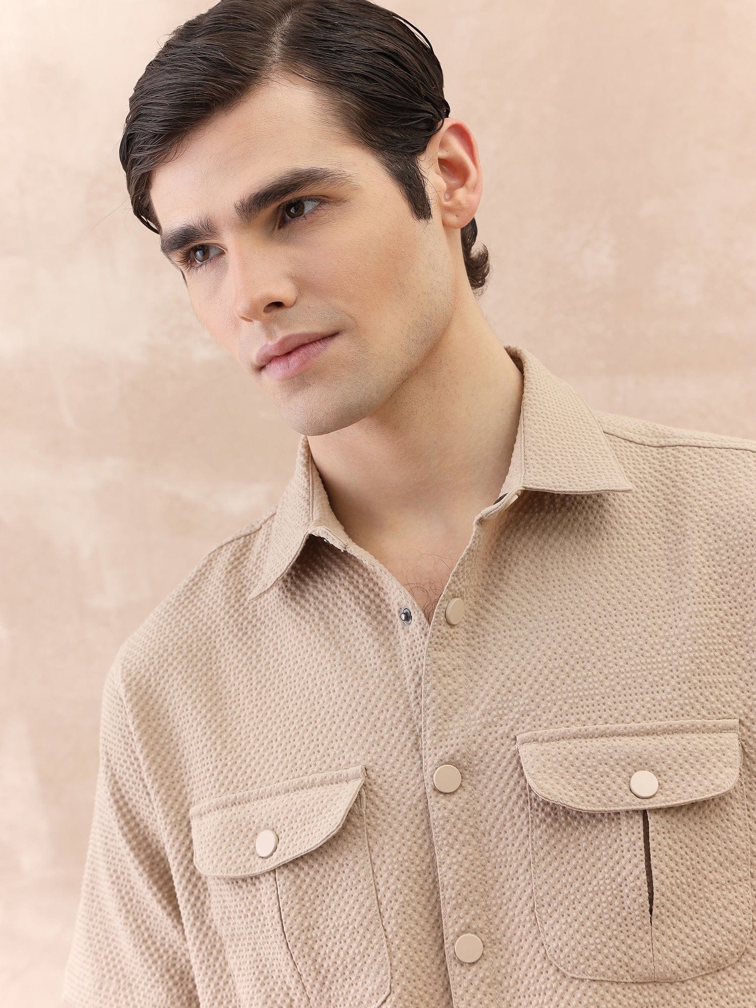 Iconic Men Beige Textured Collar Shirt - Image 4