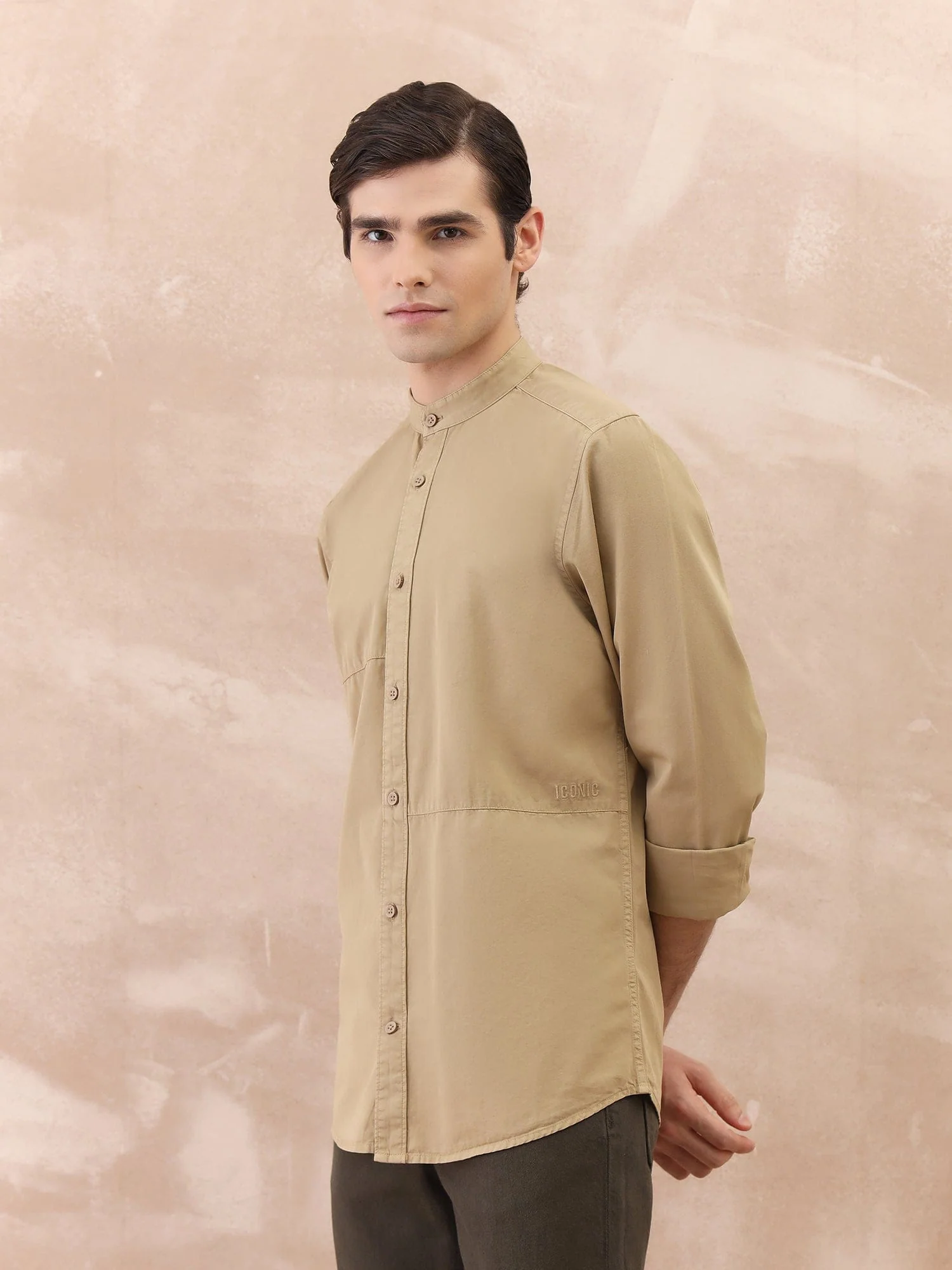 Iconic Men Beige Washed Band Collar Shirt - Image 3