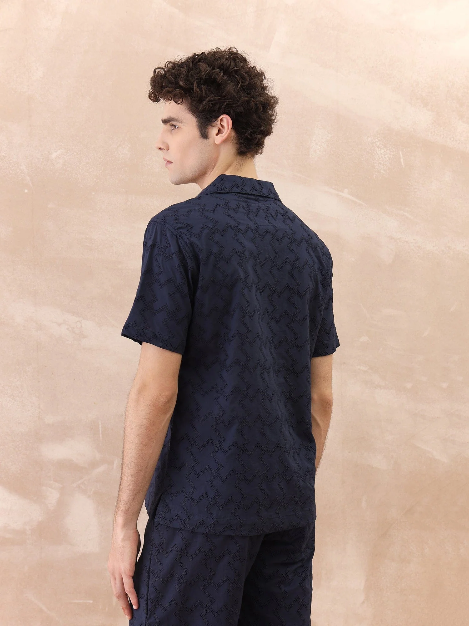Iconic Men Blue Textured Resort Collar Shirt - Image 5