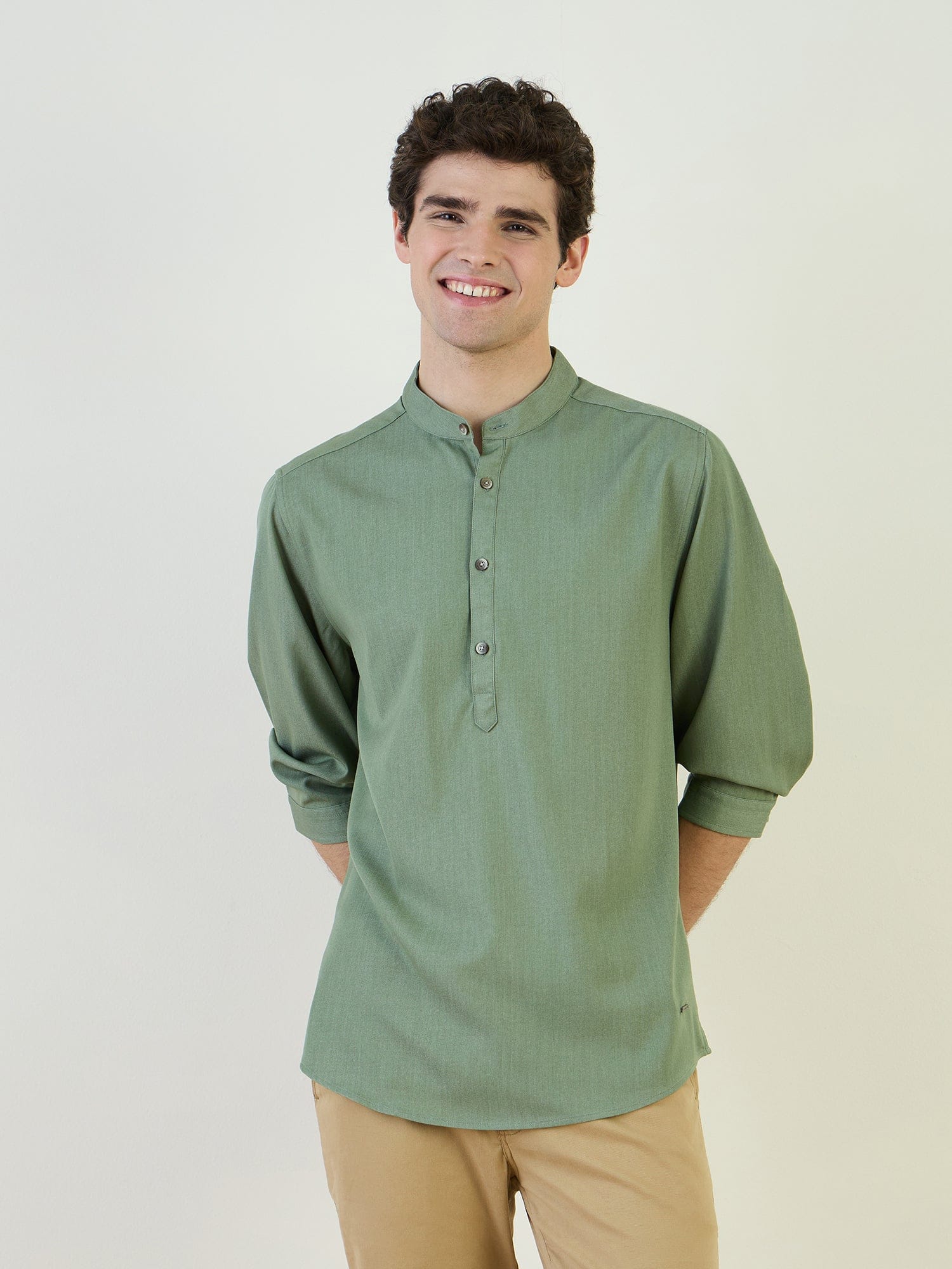 Iconic Men Green Band Collar Shirt