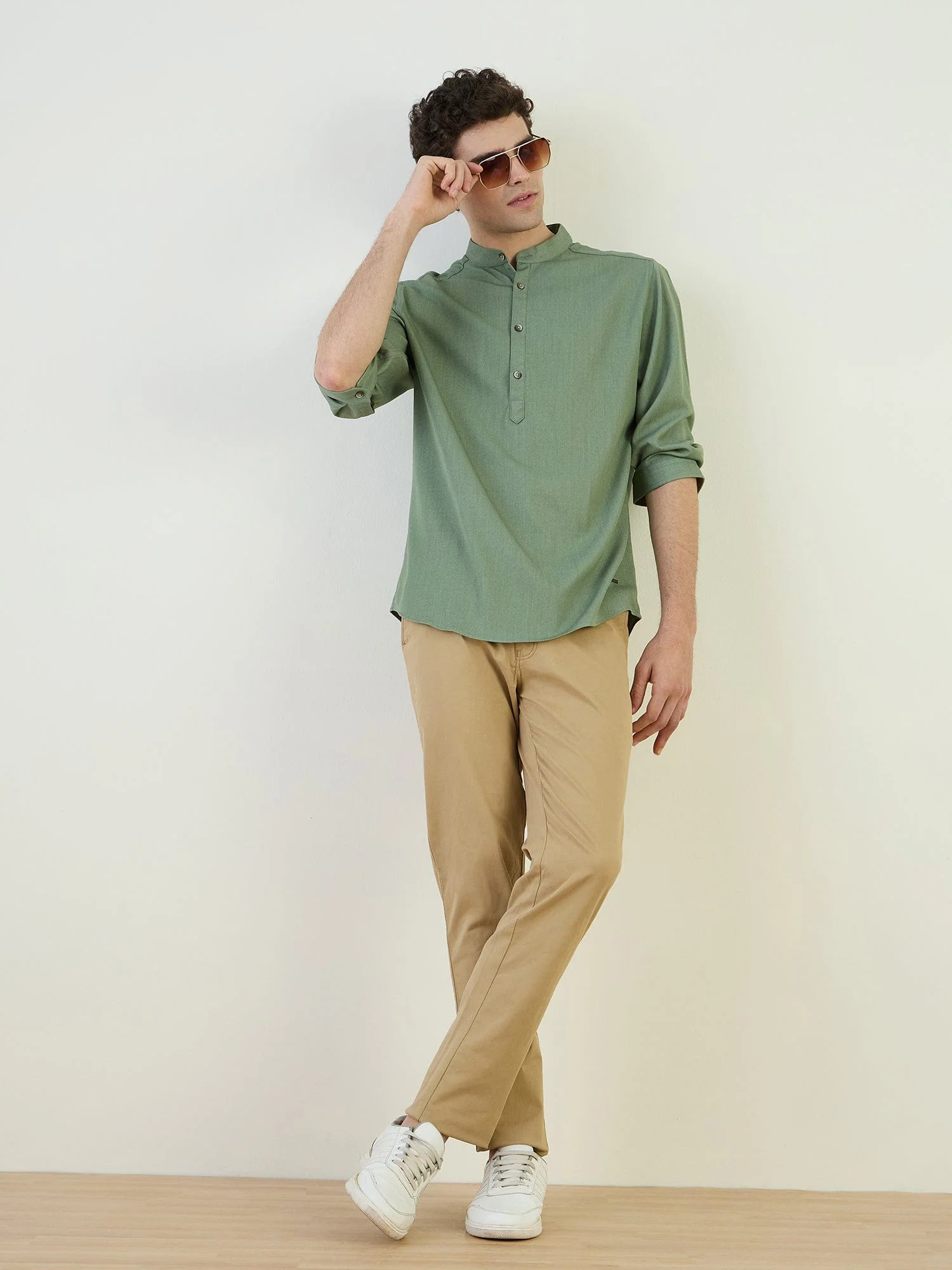 Iconic Men Green Band Collar Shirt - Image 2