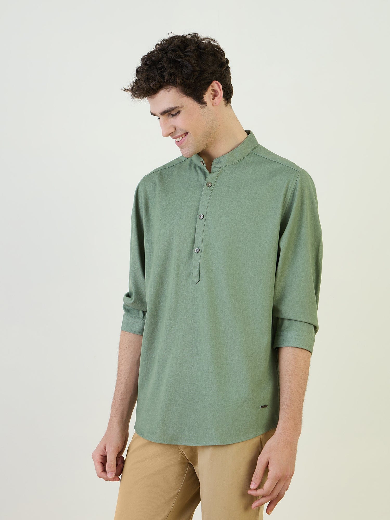 Iconic Men Green Band Collar Shirt - Image 3