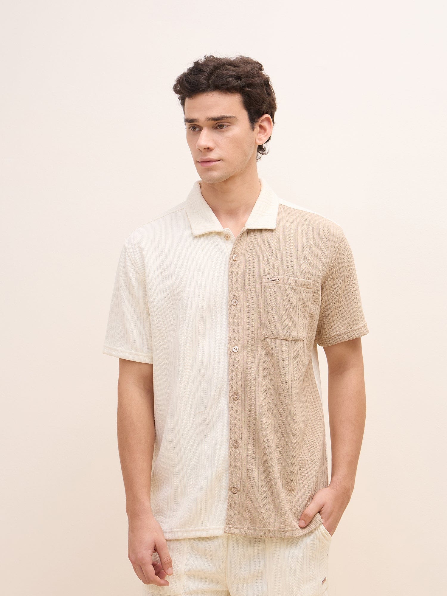 Iconic Men Beige Color Block Collar Shirt