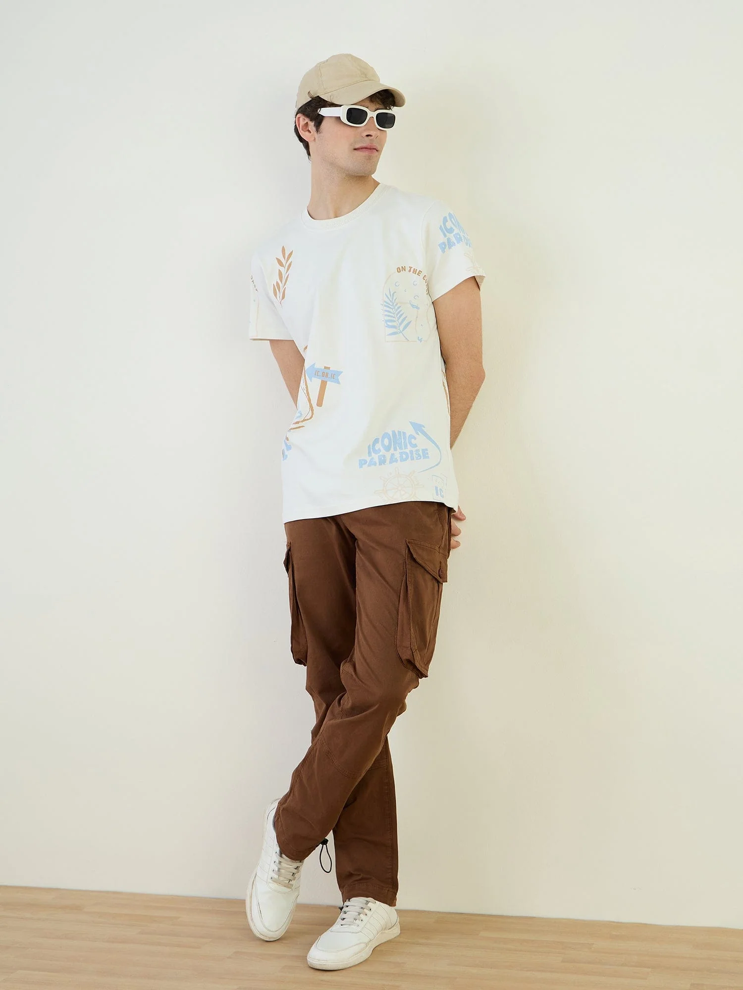 Iconic Men Beige Printed Crew Neck TShirt - Image 2