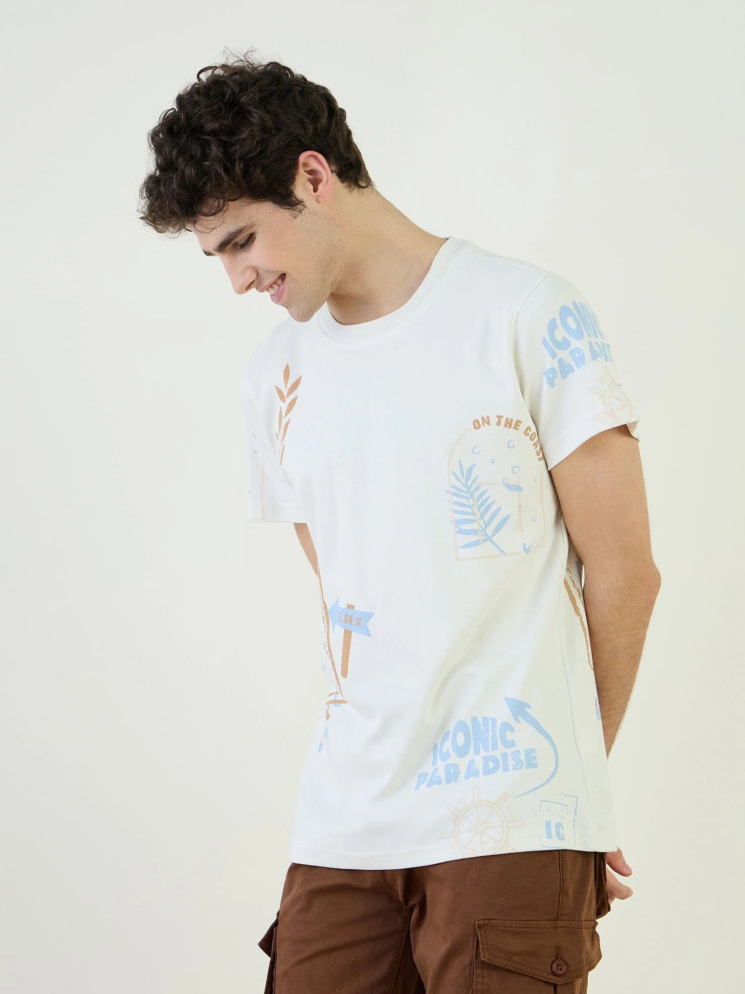 Iconic Men Beige Printed Crew Neck TShirt - Image 3