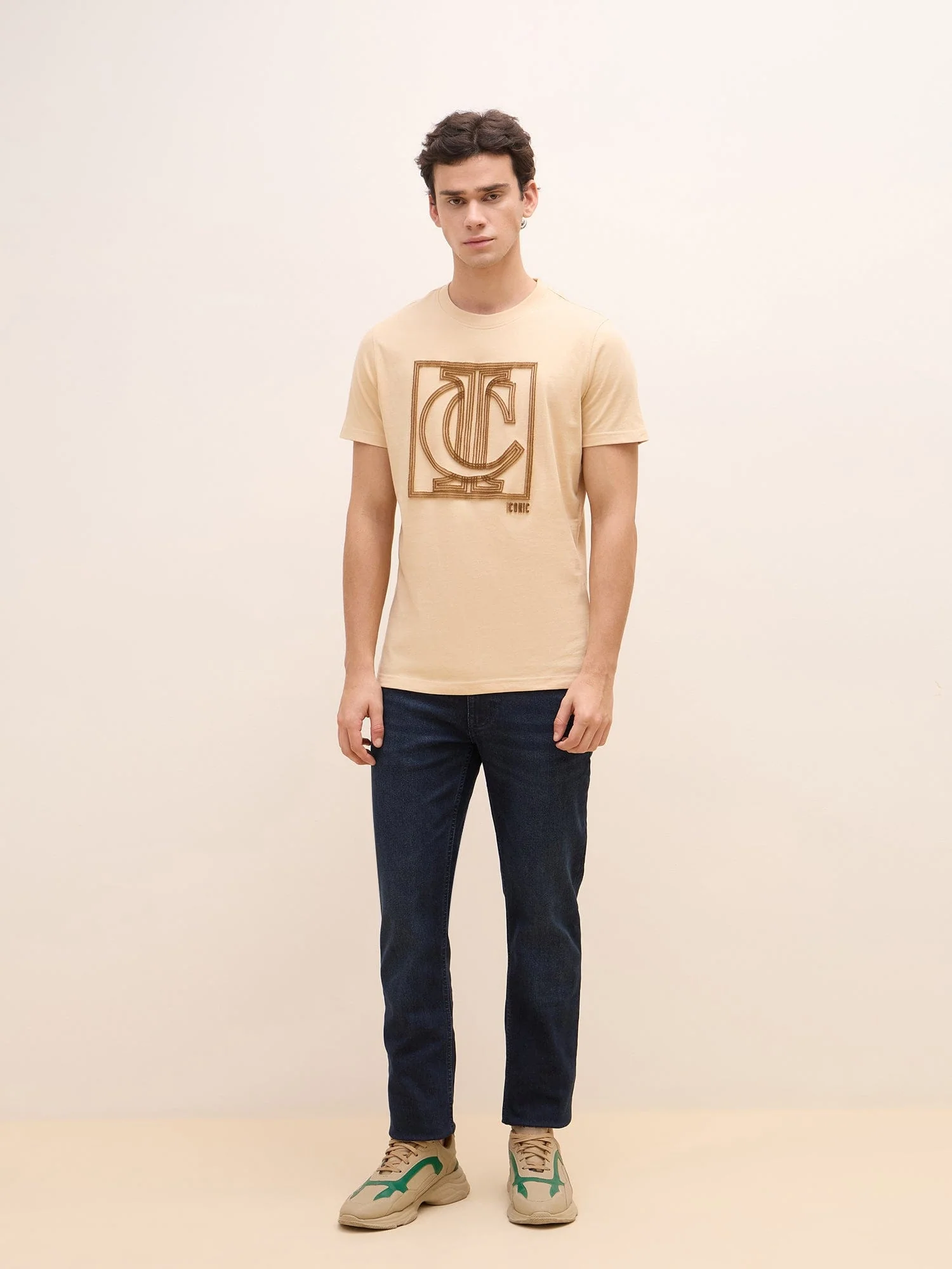Iconic Men Beige Graphic Crew Neck Tshirt - Image 2