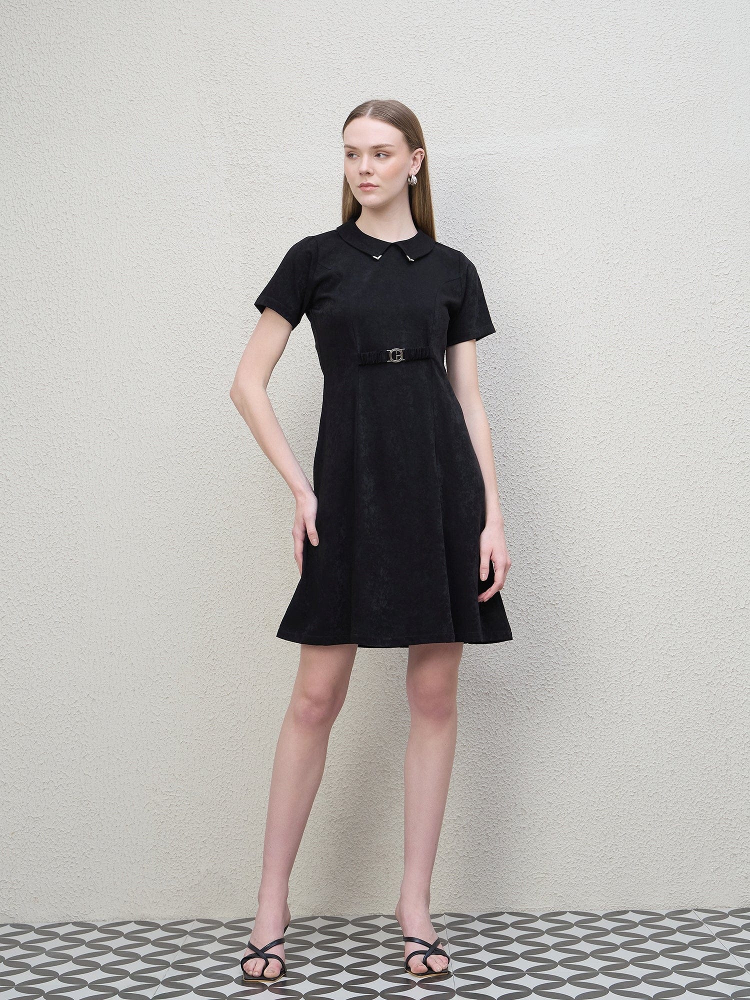 Iconic Women Black Solid Peterpan Collar Dress - Image 2