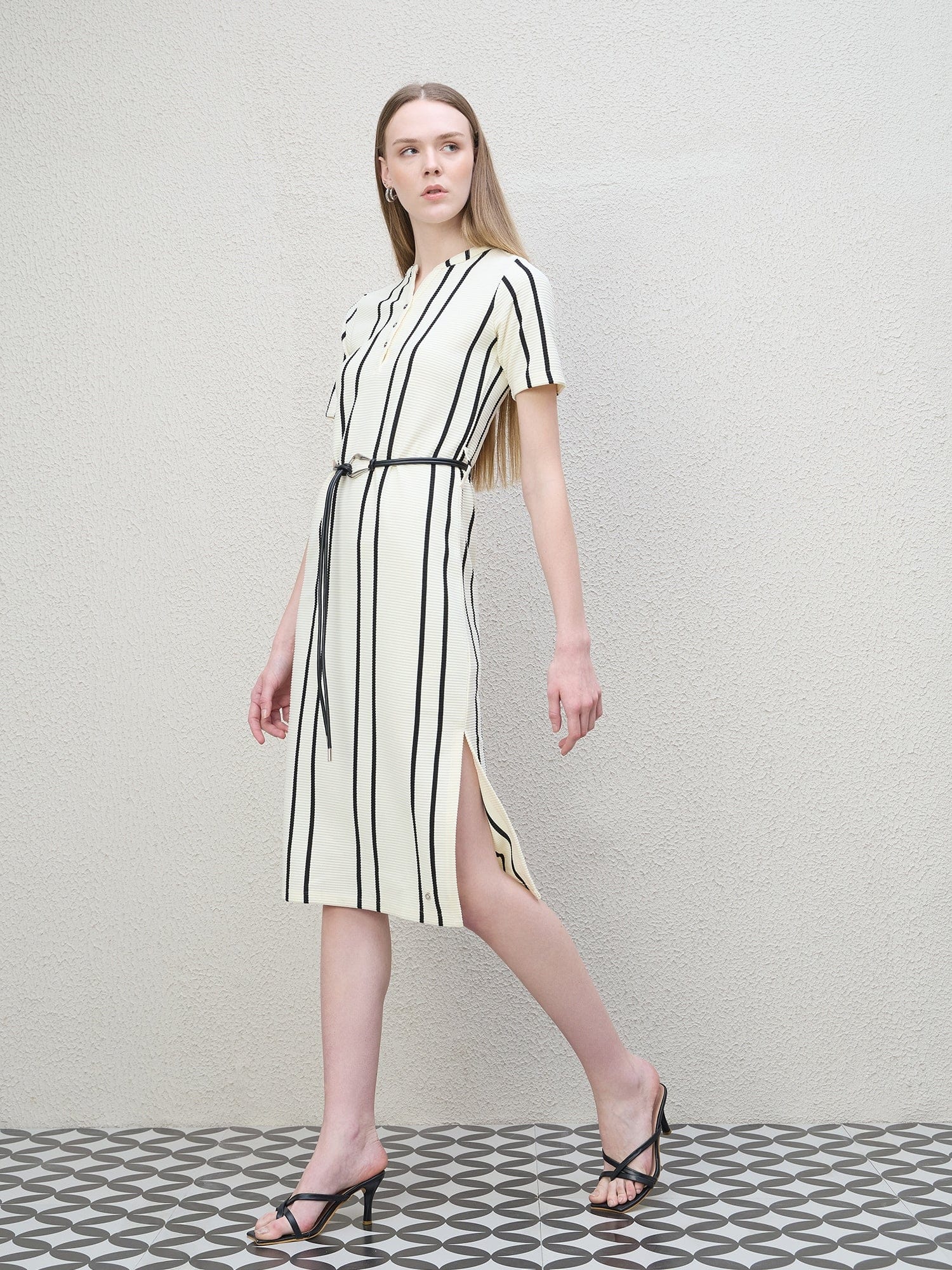Iconic Women White Striped Band With V-Placket Dress - Image 2