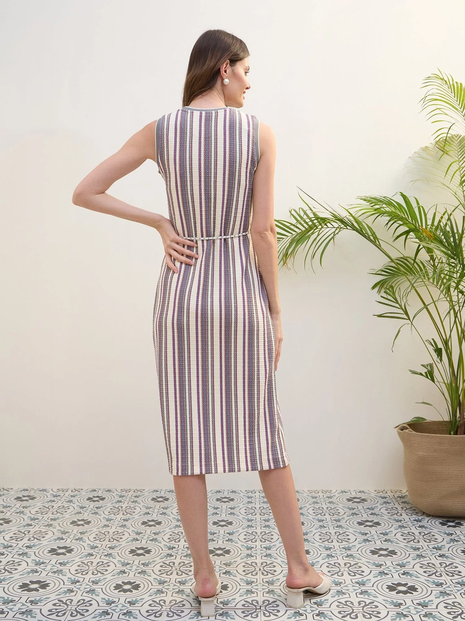 Iconic Women Multi Striped Round Neck Dress - Image 5
