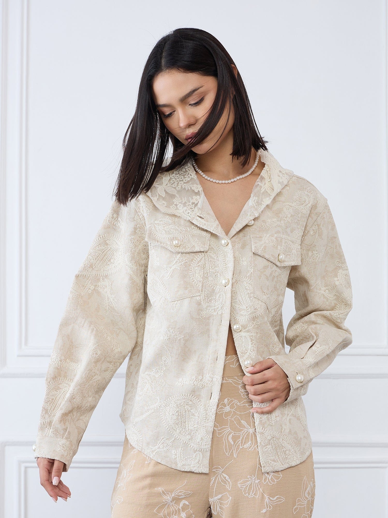 Iconic Women Beige Embroidered Hooded Jacket - Image 2