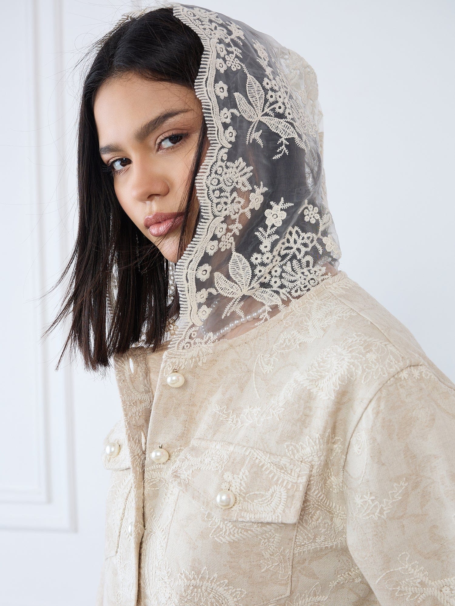 Iconic Women Beige Embroidered Hooded Jacket - Image 4