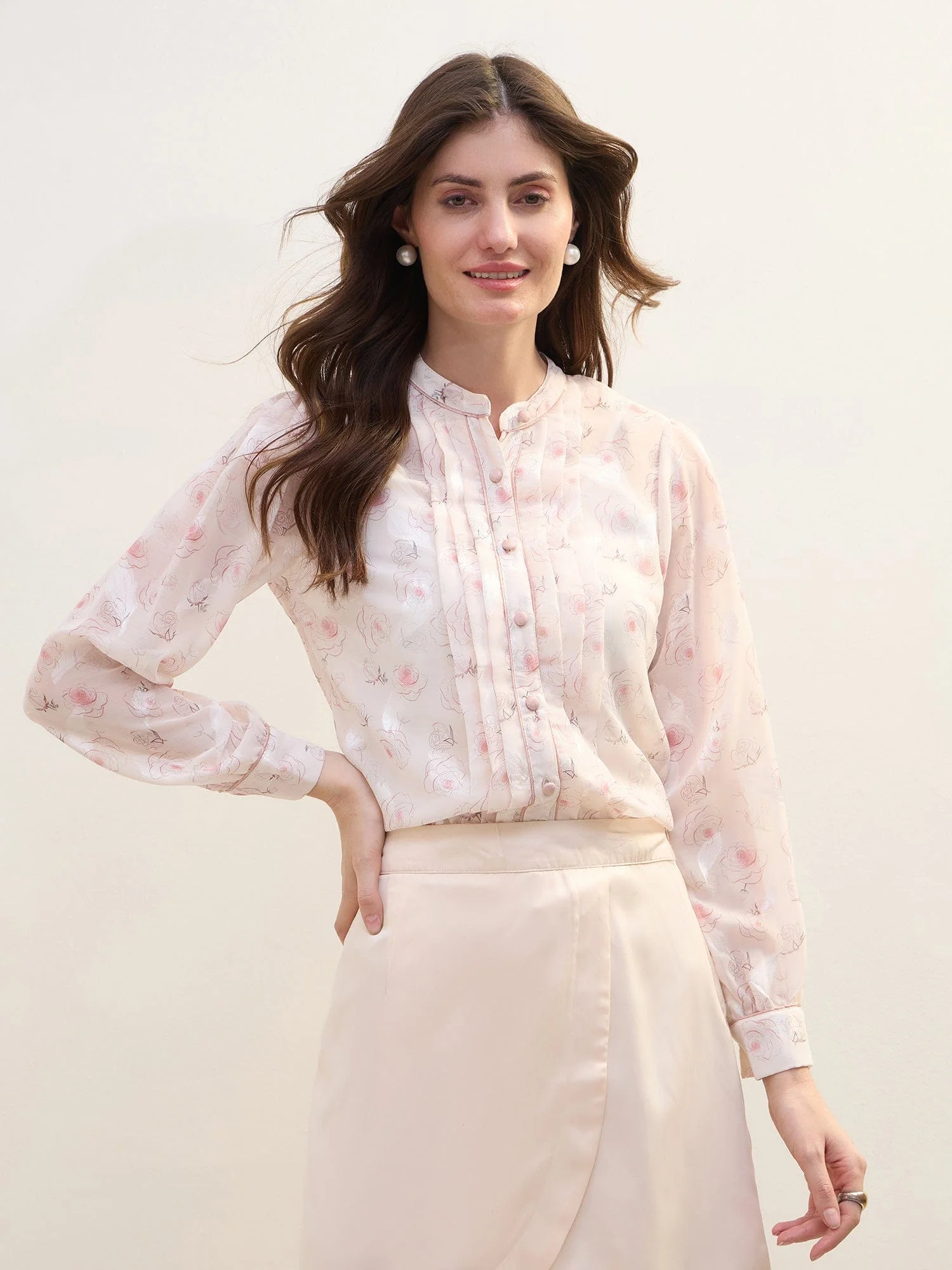 Iconic Women Pink Printed Band Collar Shirt - Image 2