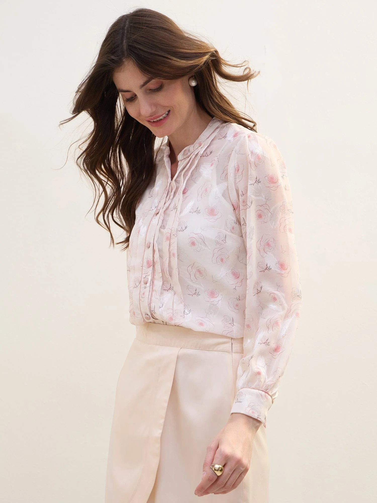 Iconic Women Pink Printed Band Collar Shirt - Image 3