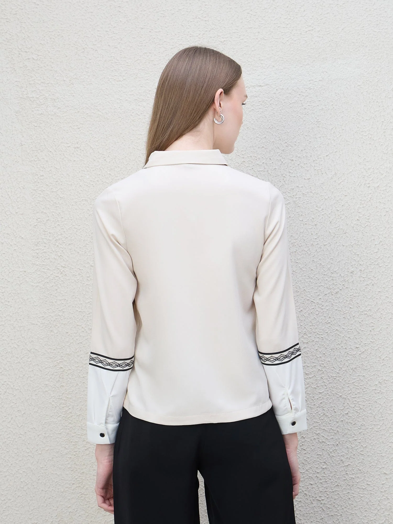 Iconic Women Beige Color Block Collar Shirt - Image 2