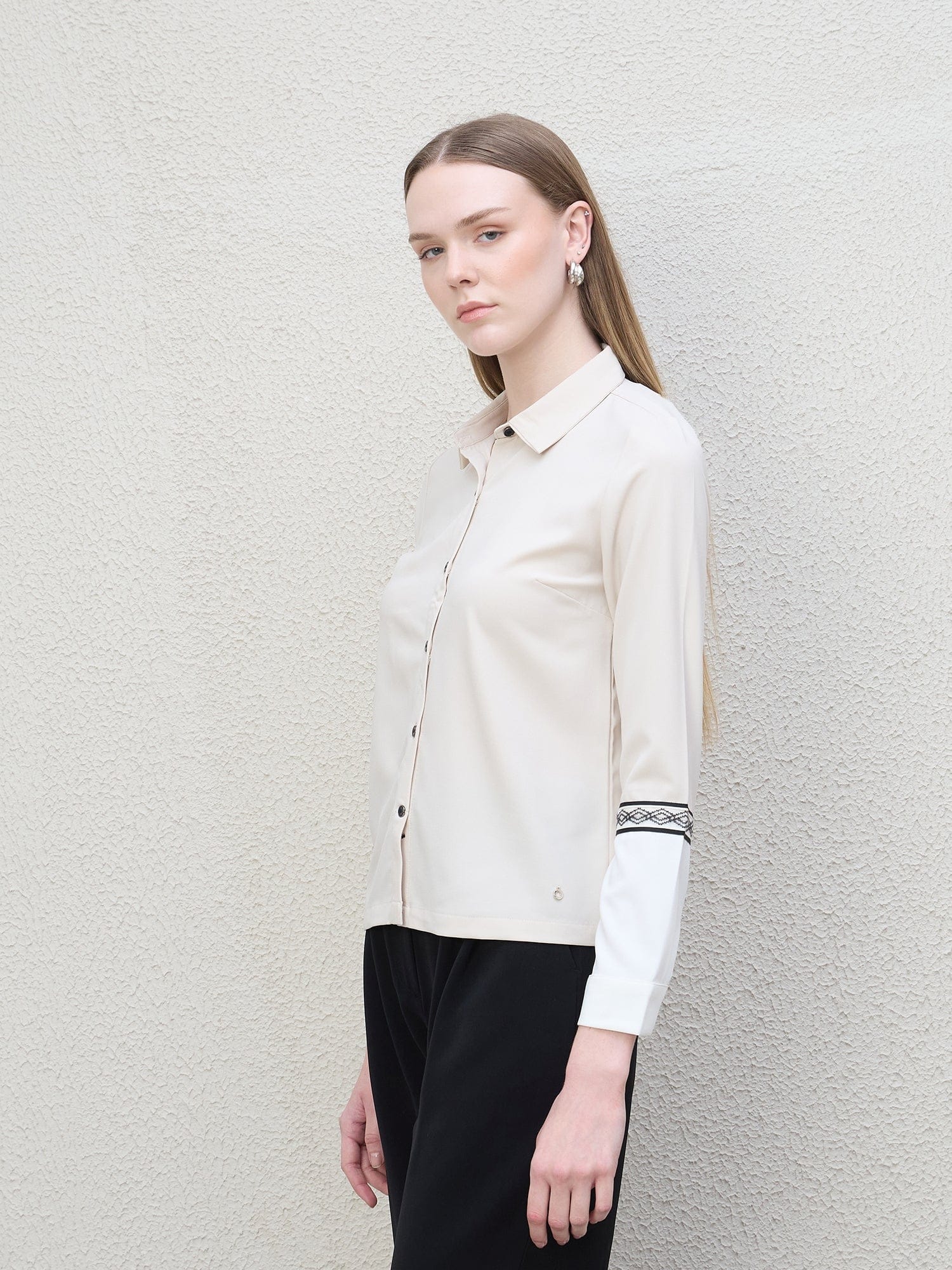 Iconic Women Beige Color Block Collar Shirt - Image 3