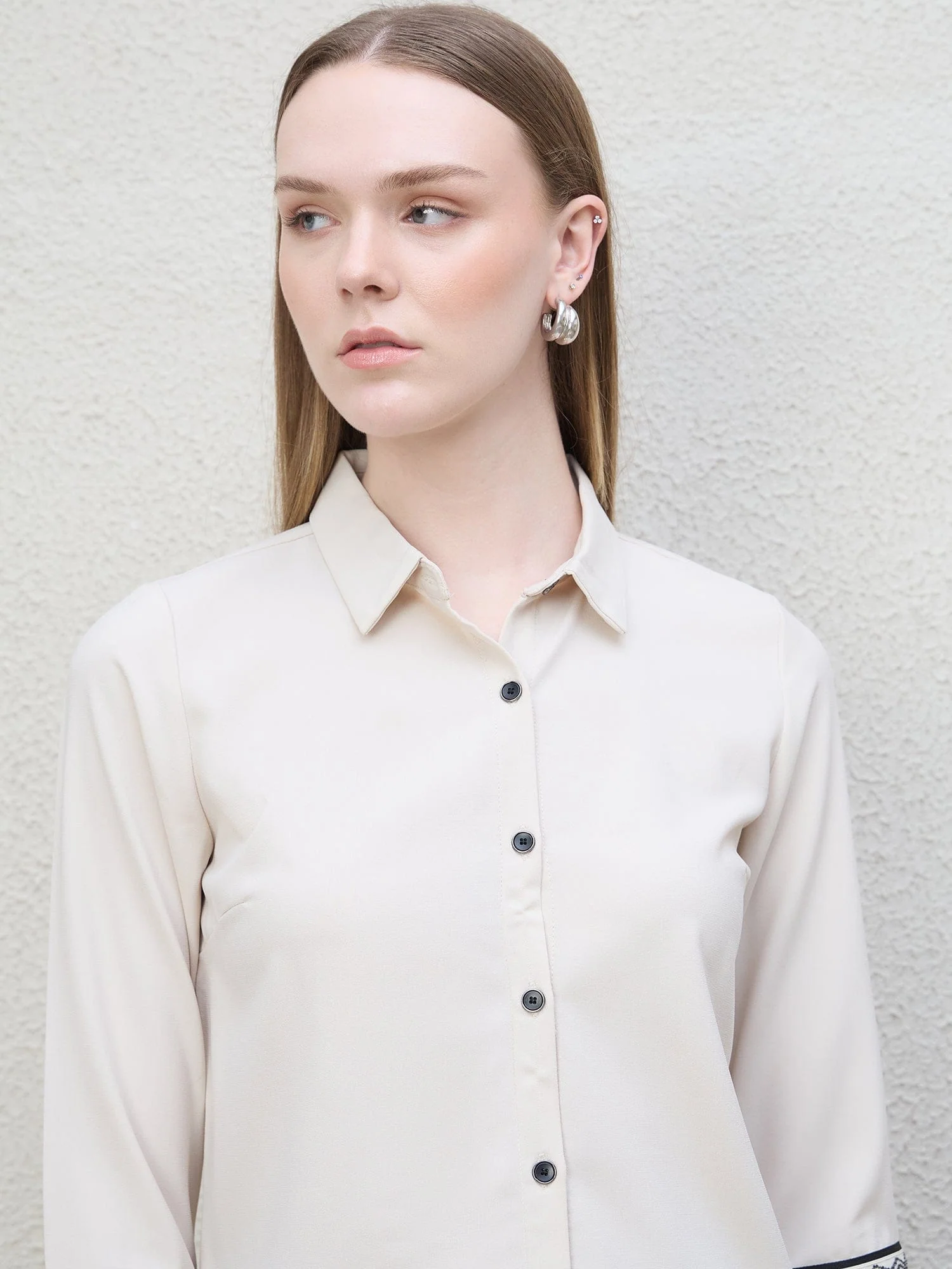 Iconic Women Beige Color Block Collar Shirt - Image 4