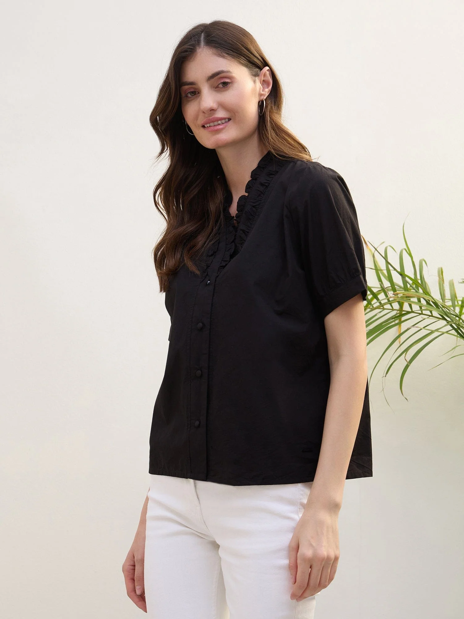 Iconic Women Black Solid V-Neck Shirt - Image 3