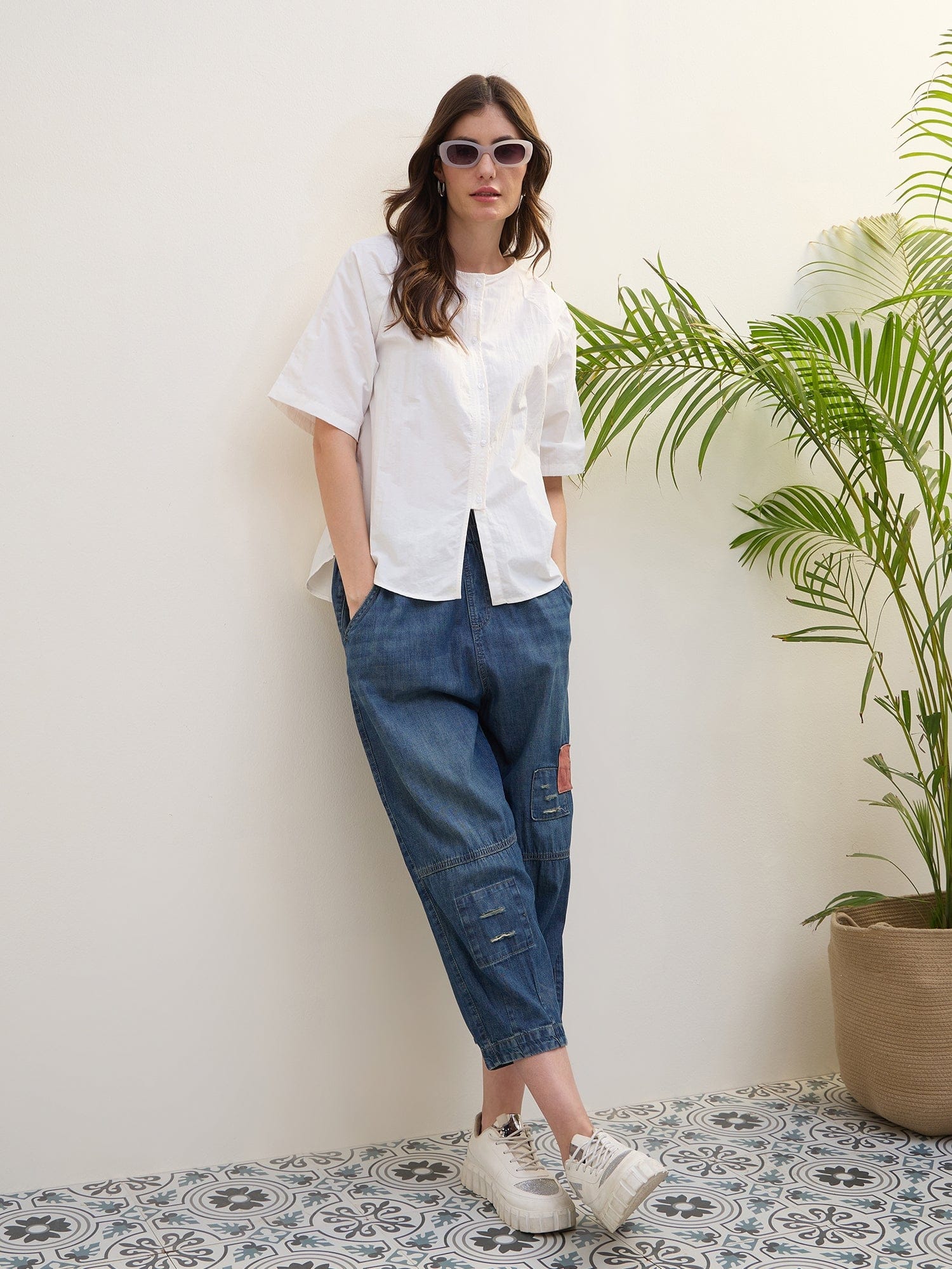 Iconic Women White Solid Round Neck Shirt - Image 2