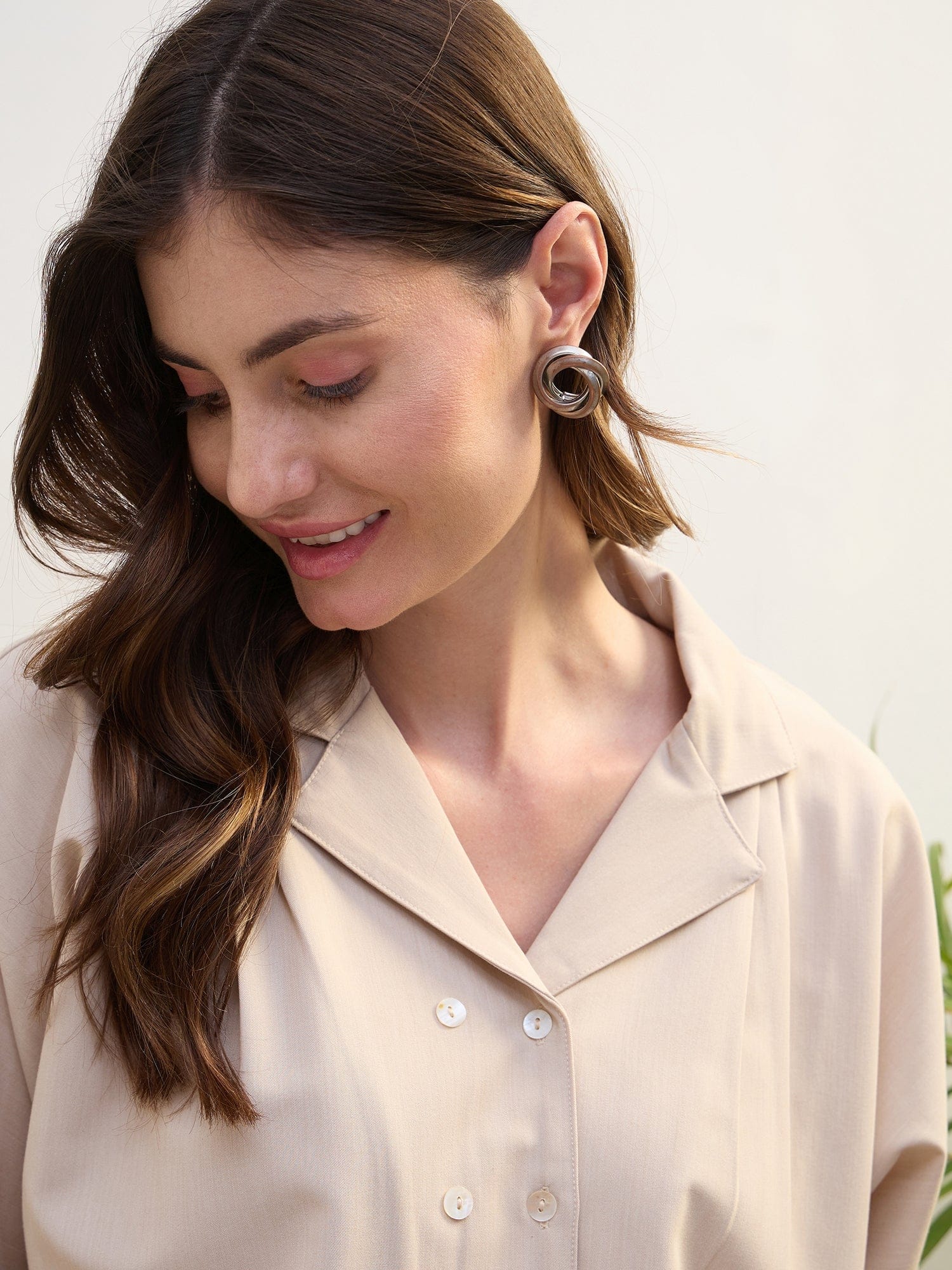 Iconic Women Beige Solid Notch Collar Shirt - Image 4