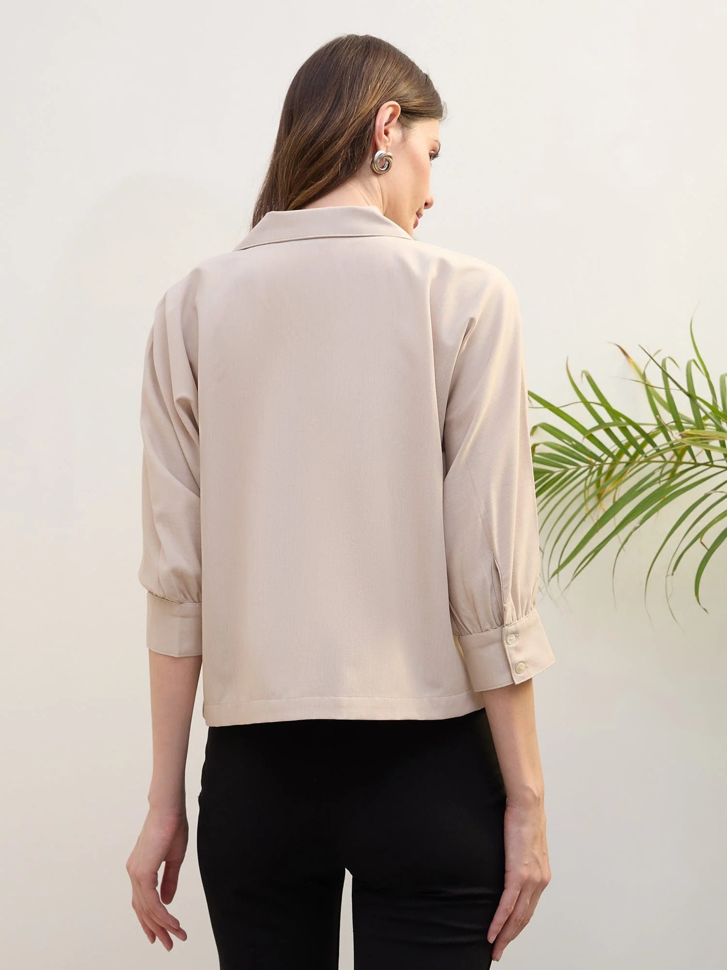 Iconic Women Beige Solid Notch Collar Shirt - Image 5
