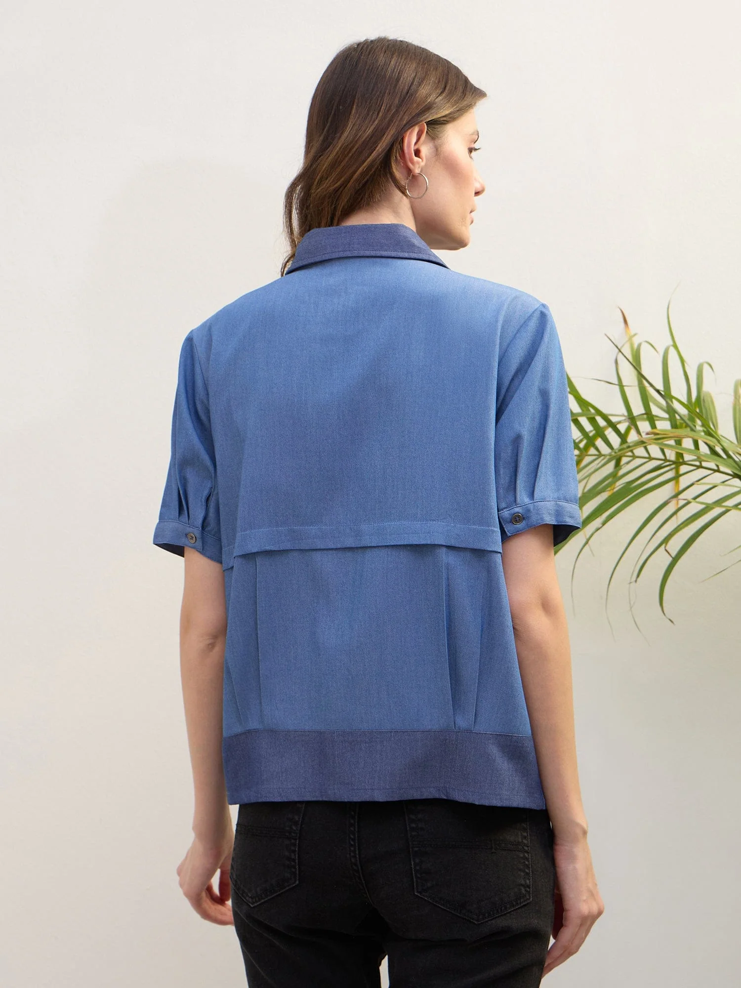 Iconic Women Blue Color Block Collar Shirt - Image 5