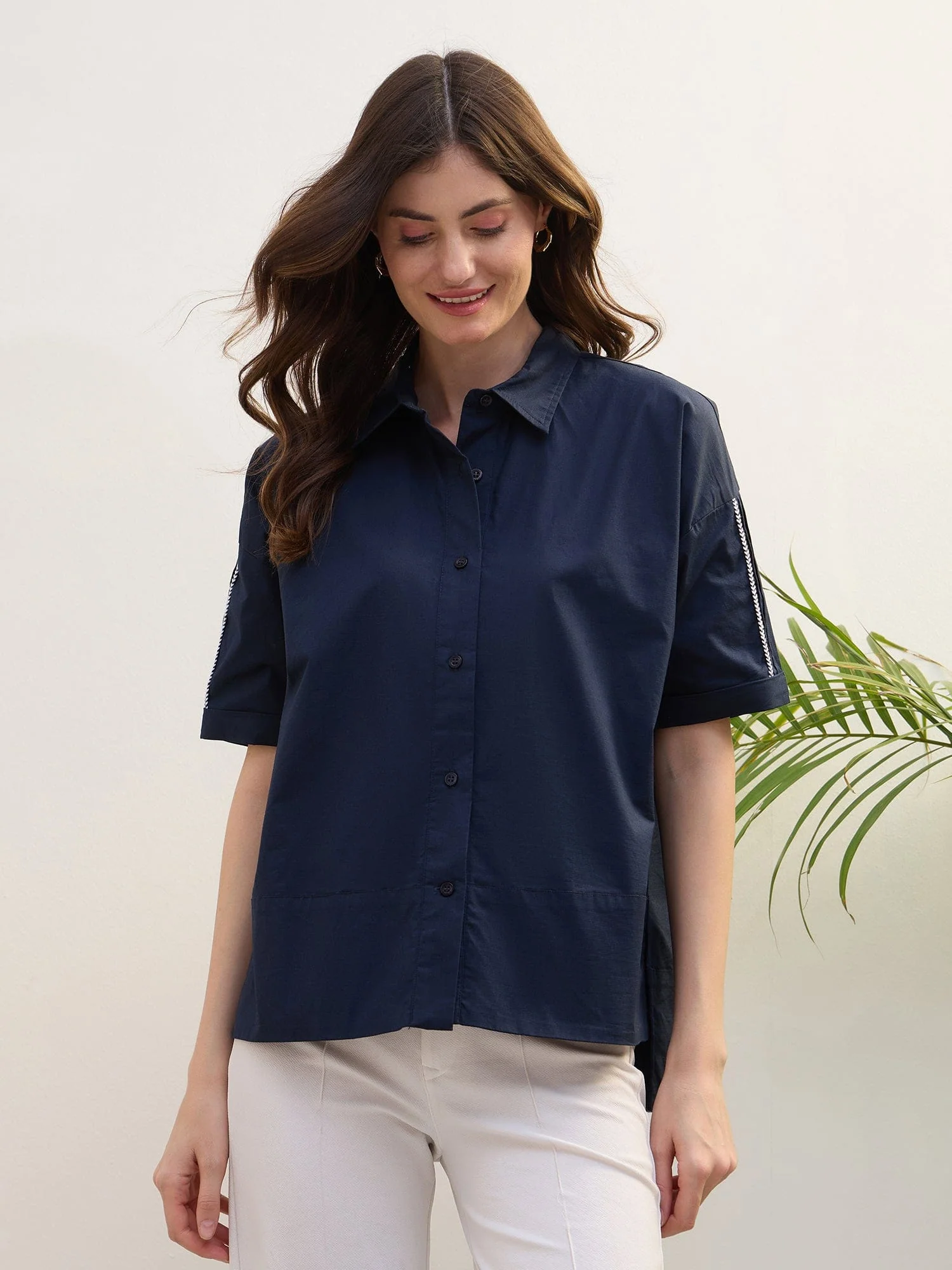 Iconic Women Blue Solid Collar Shirt - Image 2
