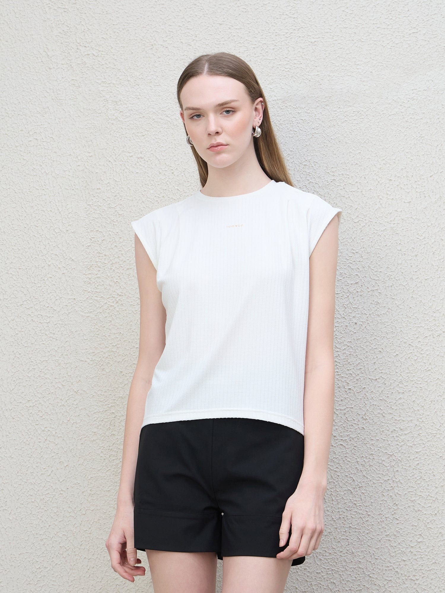 Iconic Women White Textured Crew Neck Tshirt - Image 3