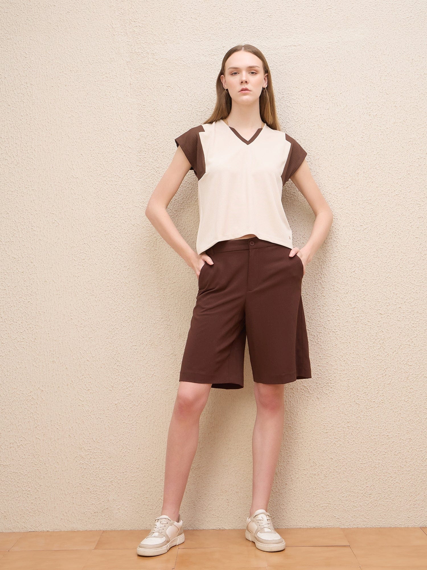 Iconic Women White Color Block V Neck Tshirt - Image 2