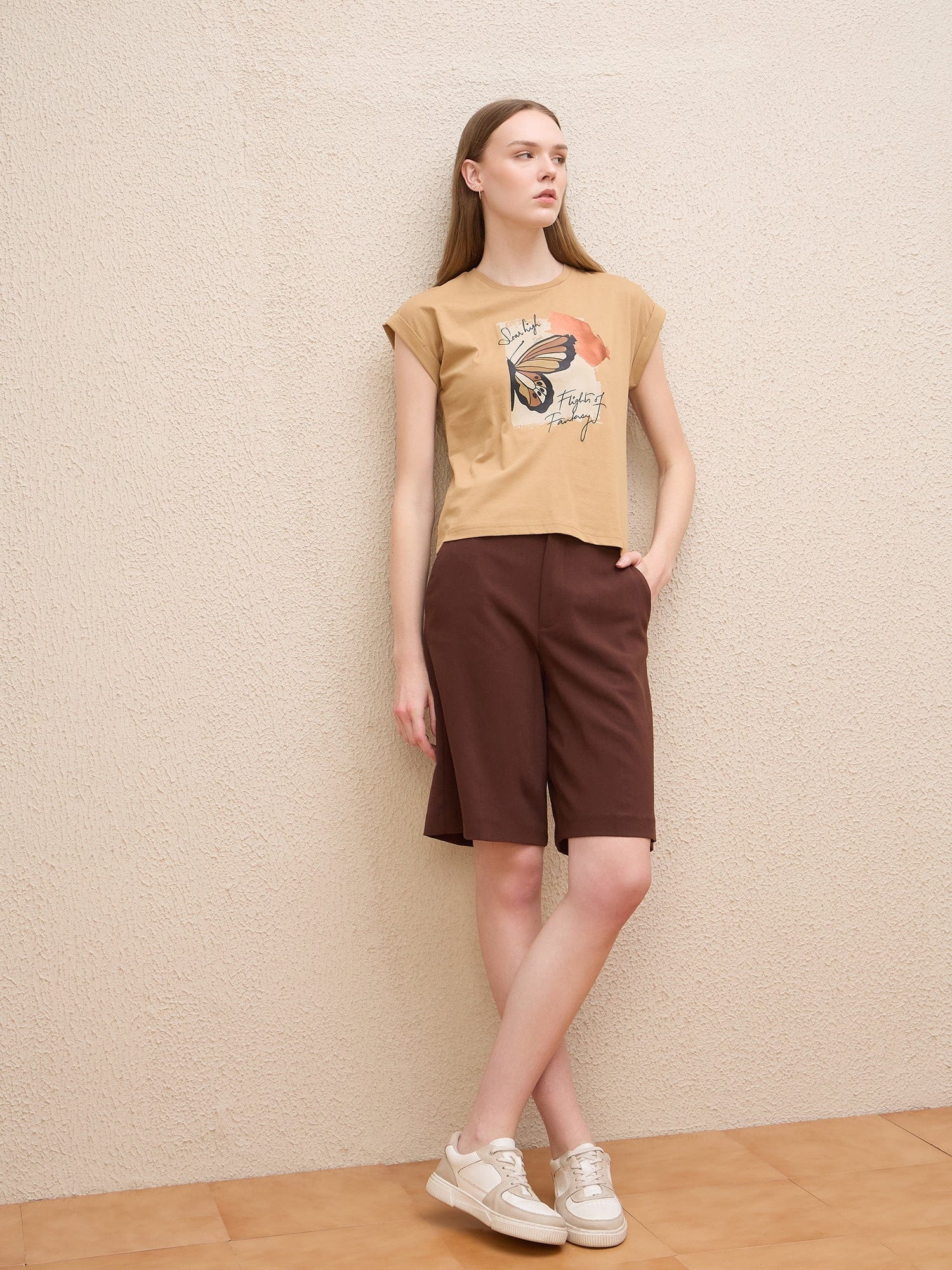 Iconic Women Beige Solid Crew Neck Tshirt - Image 2