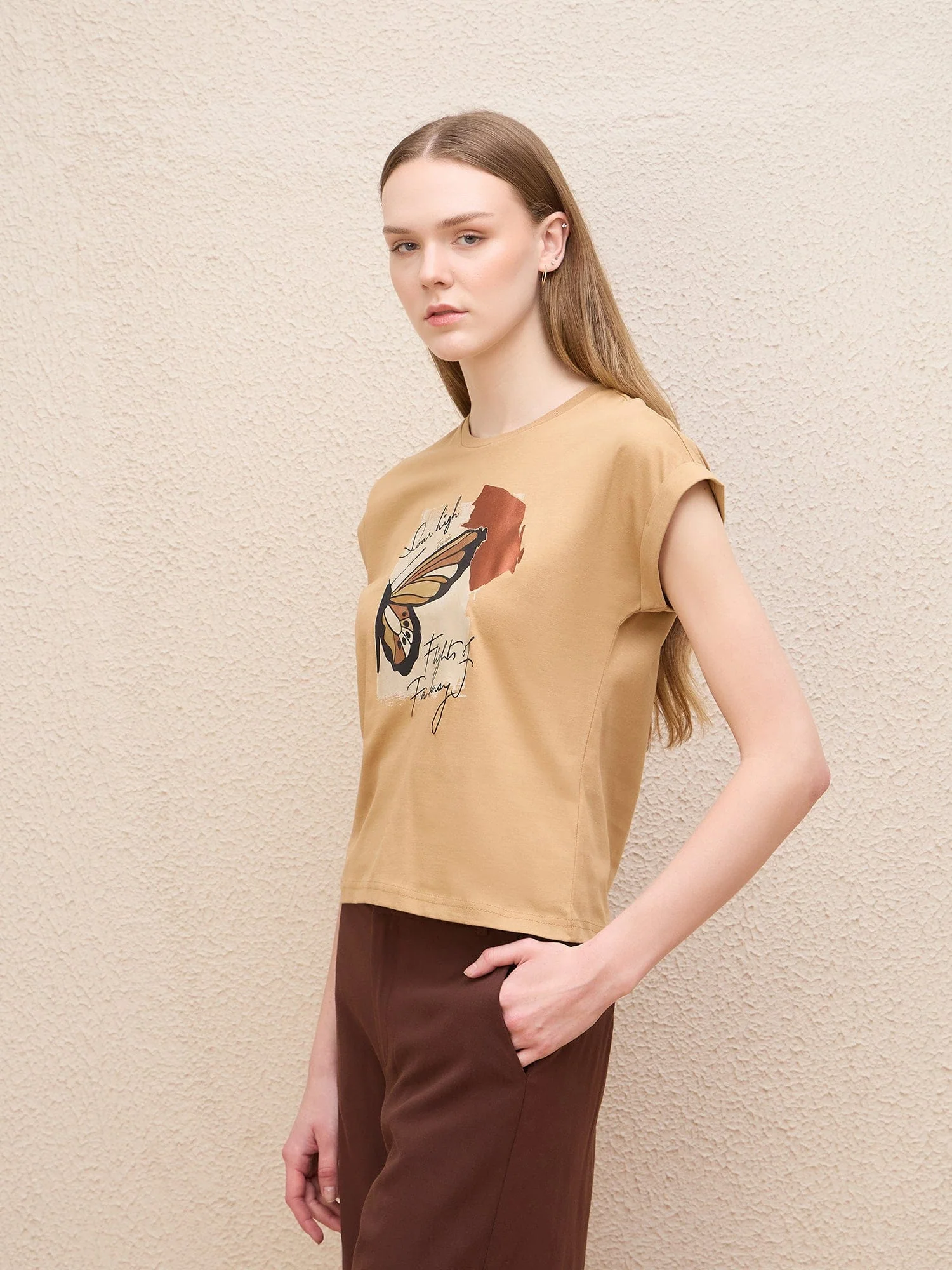 Iconic Women Beige Solid Crew Neck Tshirt - Image 4