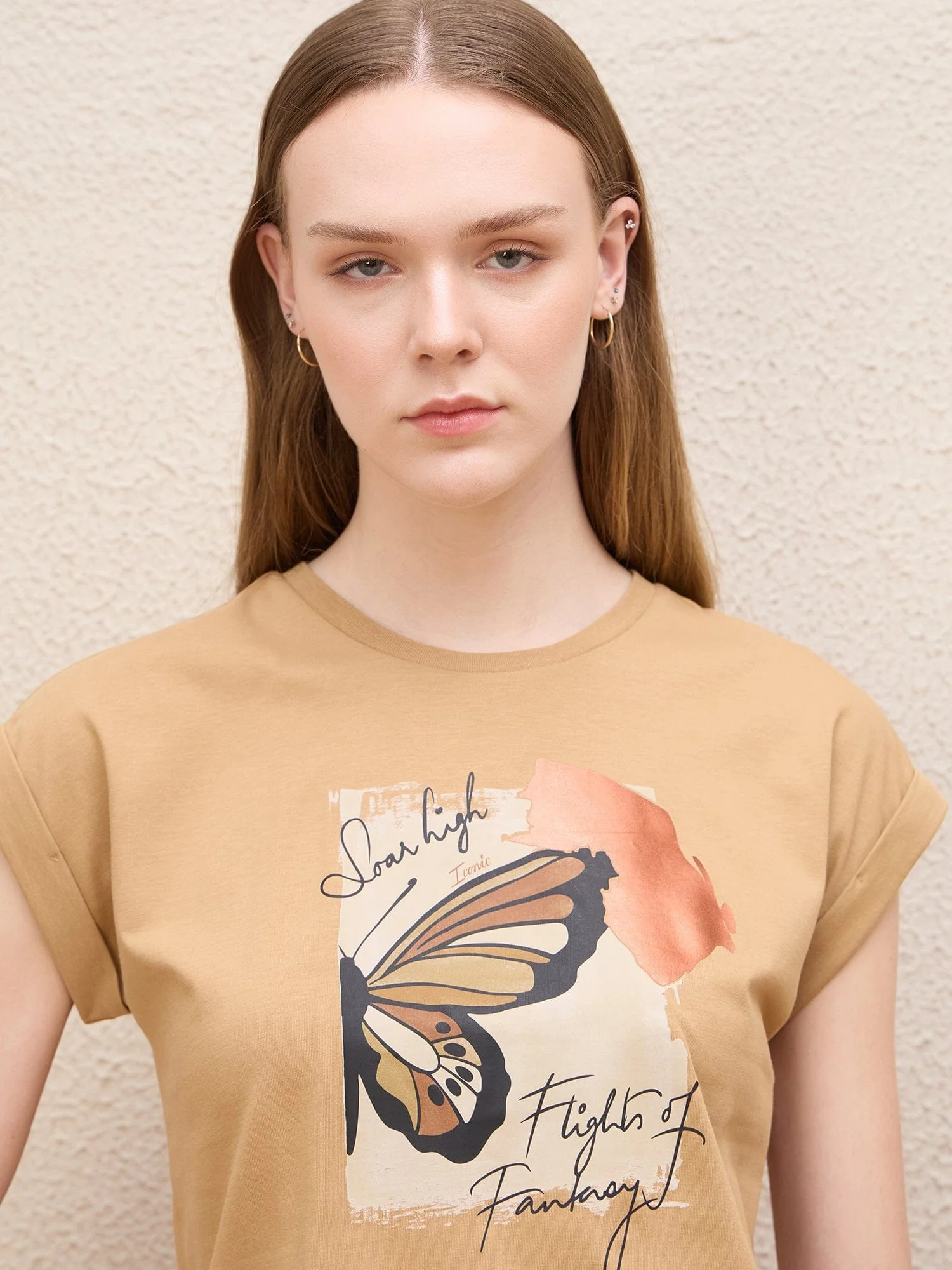 Iconic Women Beige Solid Crew Neck Tshirt - Image 5