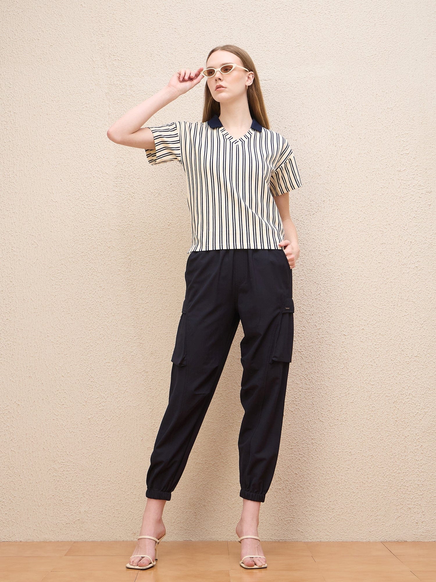 Iconic Women Blue Striped Johnny Collar Tshirt - Image 2