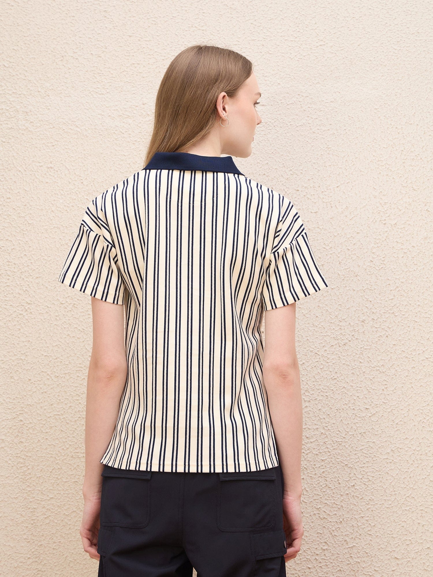 Iconic Women Blue Striped Johnny Collar Tshirt - Image 3