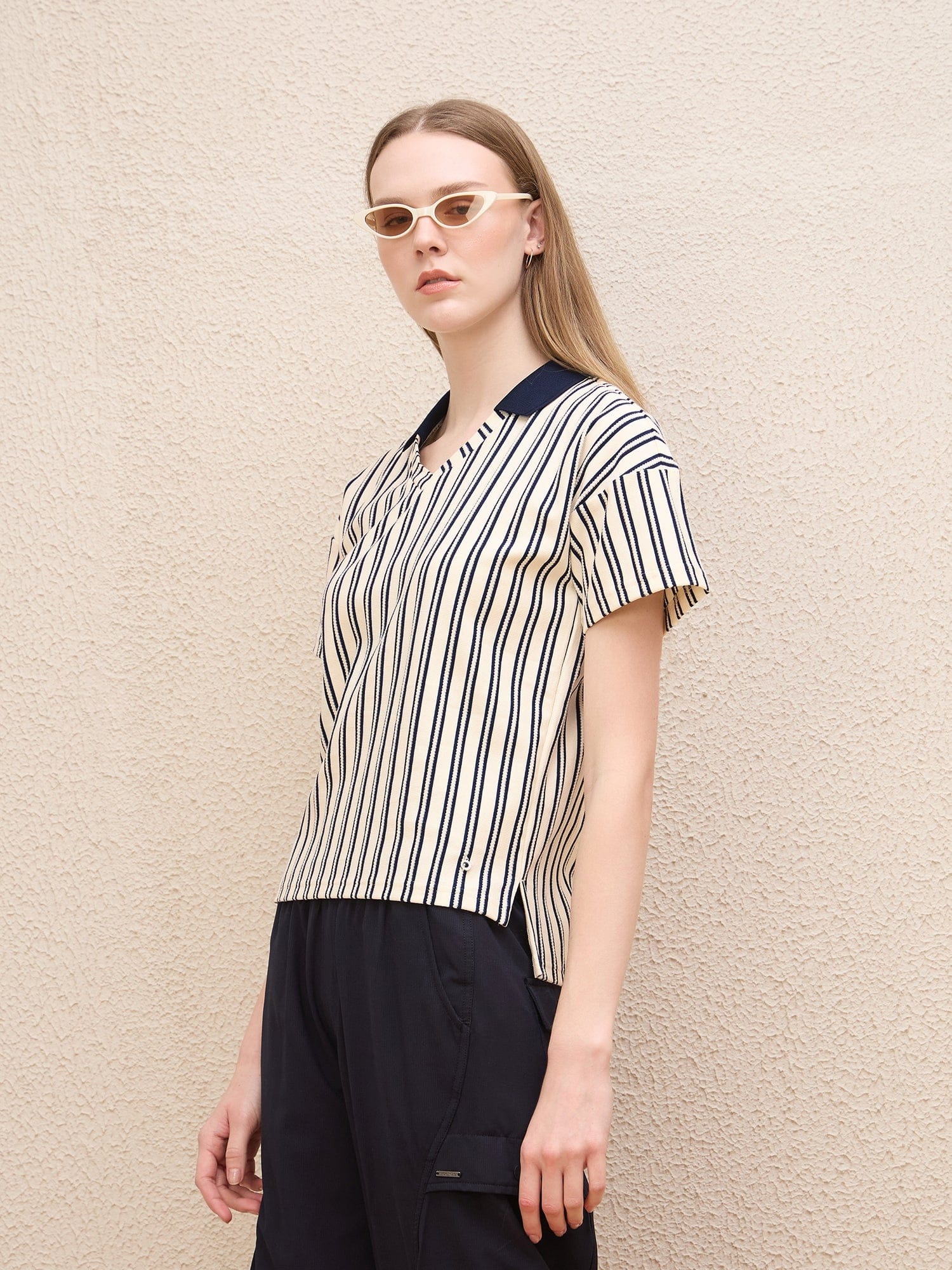 Iconic Women Blue Striped Johnny Collar Tshirt - Image 4