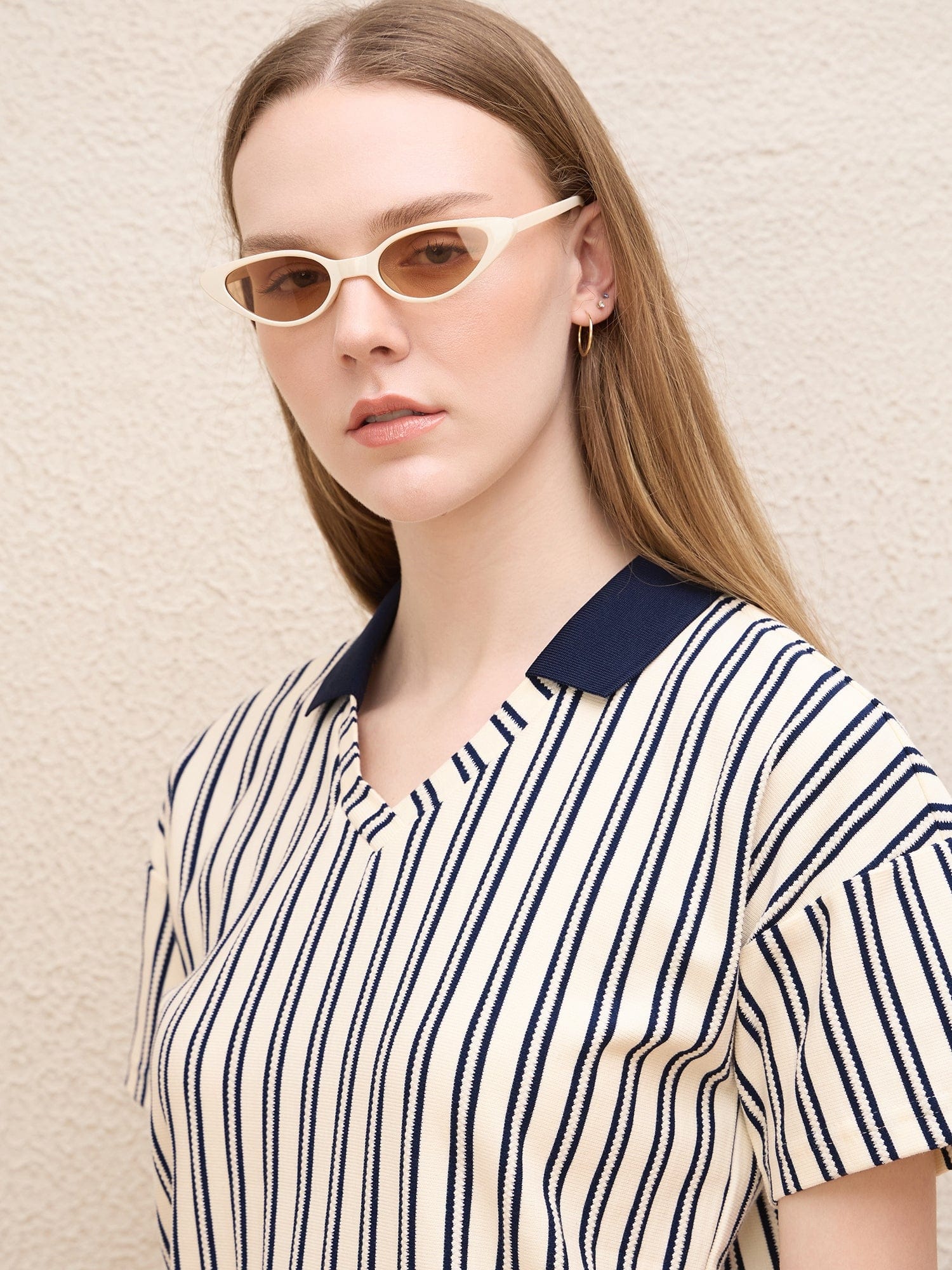 Iconic Women Blue Striped Johnny Collar Tshirt - Image 5
