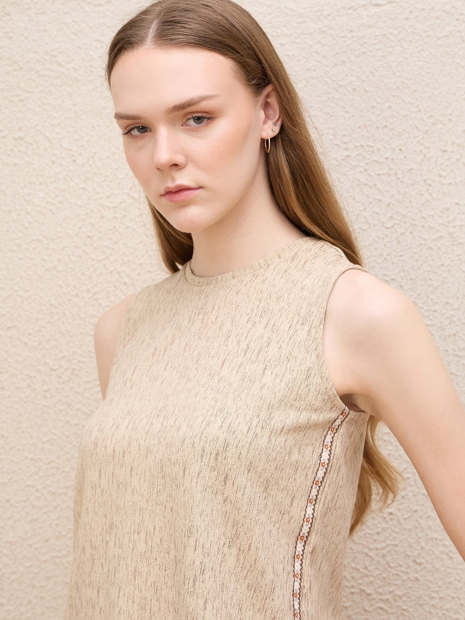 Iconic Women Beige Textured Round Neck Top - Image 5