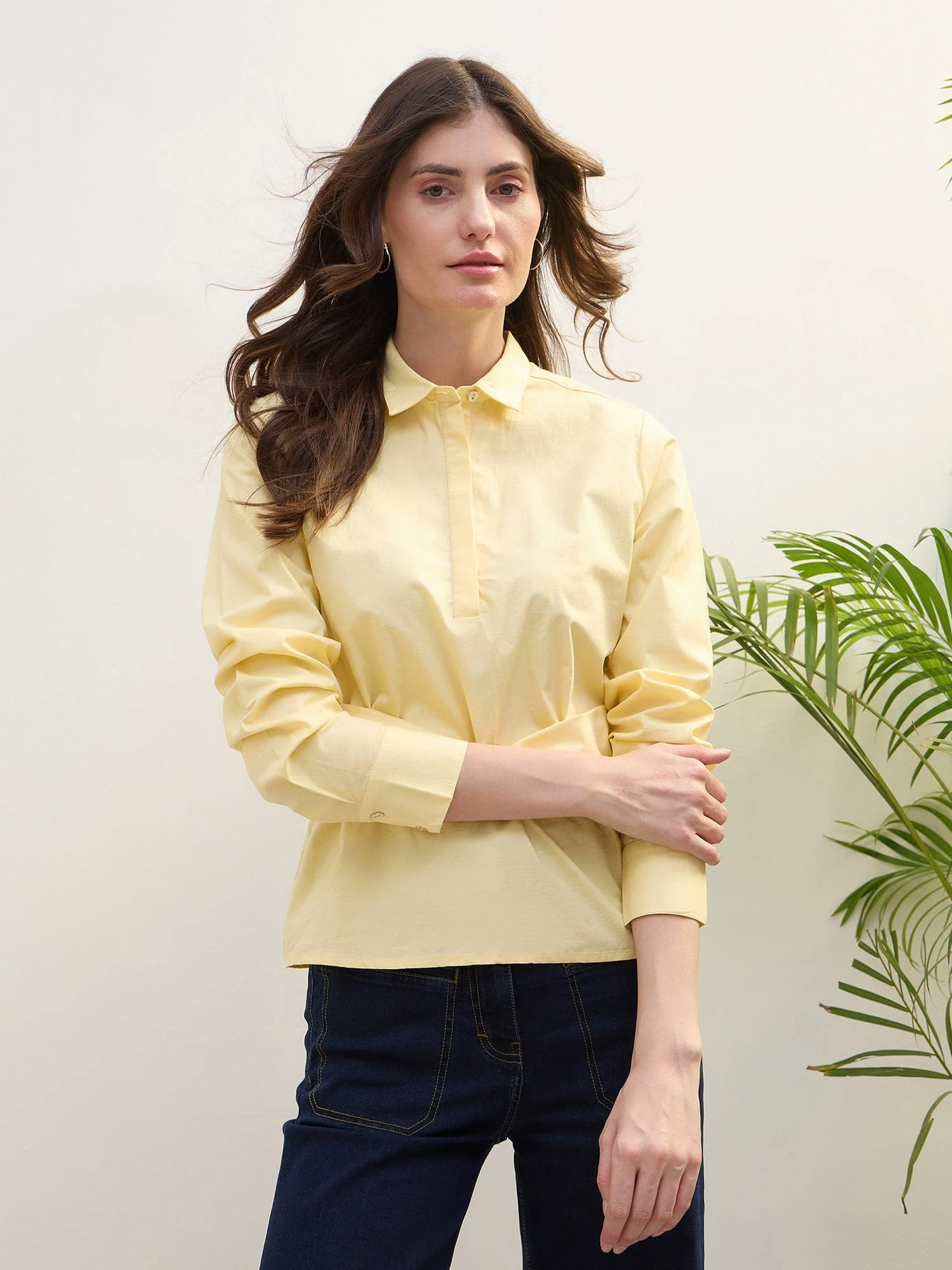 Iconic Women Yellow Solid Collar Top - Image 2