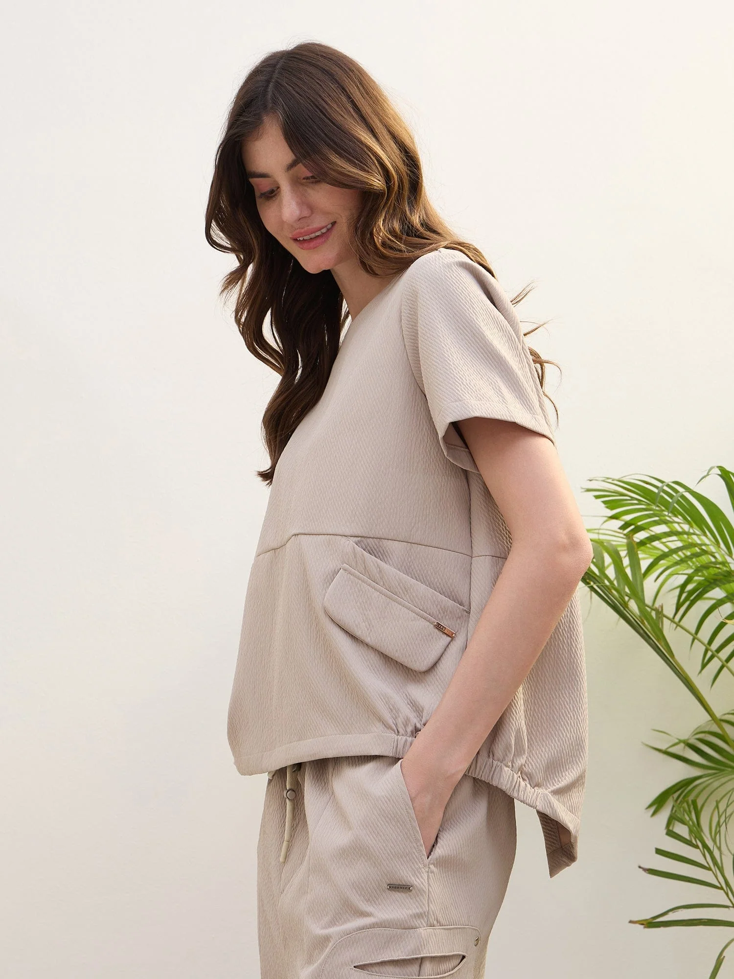 Iconic Women Beige Textured Round Neck Top - Image 3
