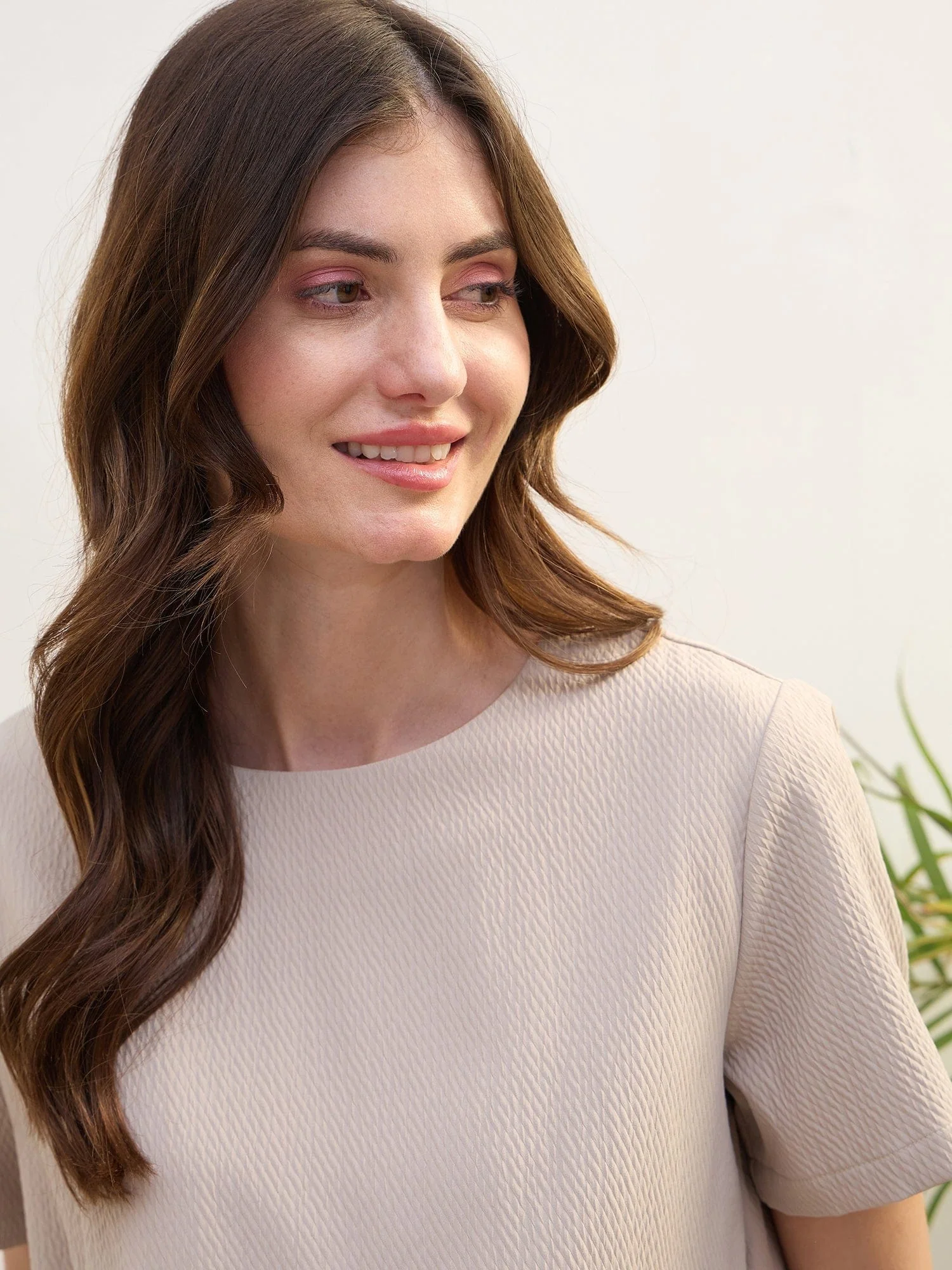 Iconic Women Beige Textured Round Neck Top - Image 4