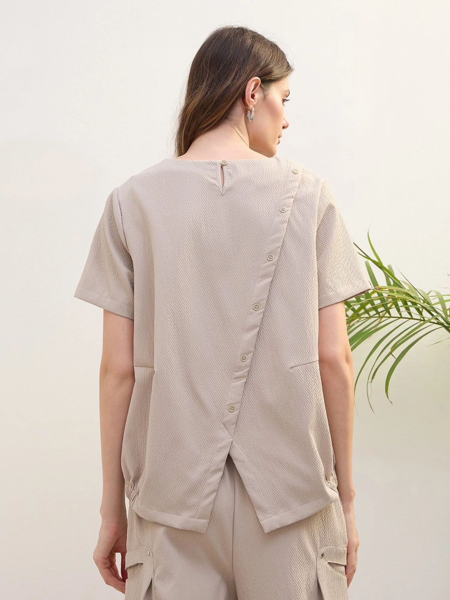Iconic Women Beige Textured Round Neck Top - Image 5