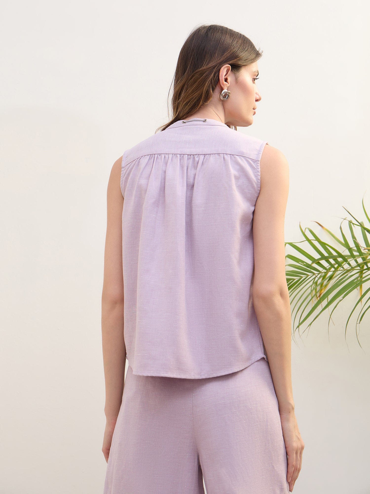 Iconic Women Pink Solid Band Collar Top - Image 5